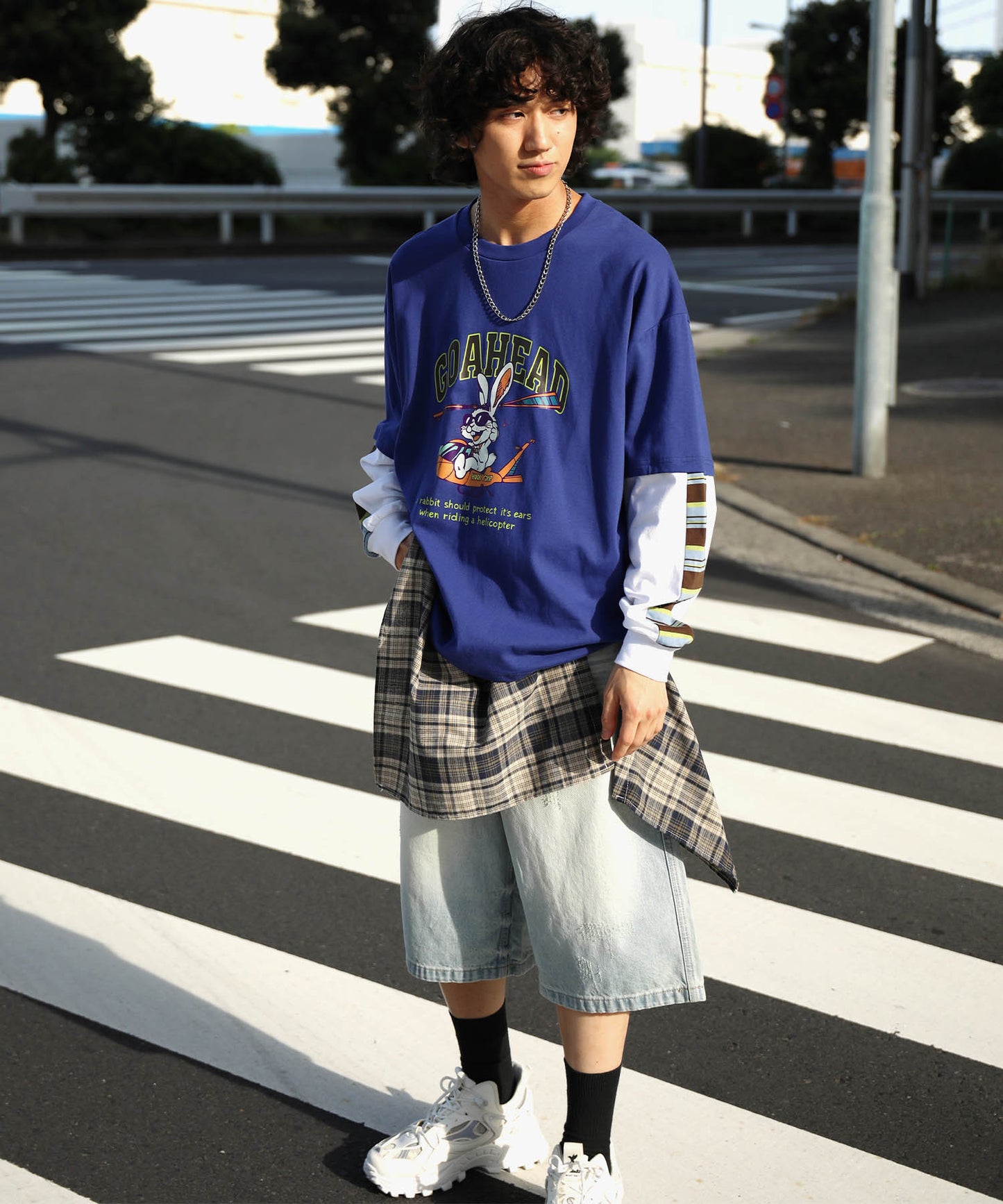 HOOK -original- アメリカンカートゥーンうさぎプリント袖切り替えTEE