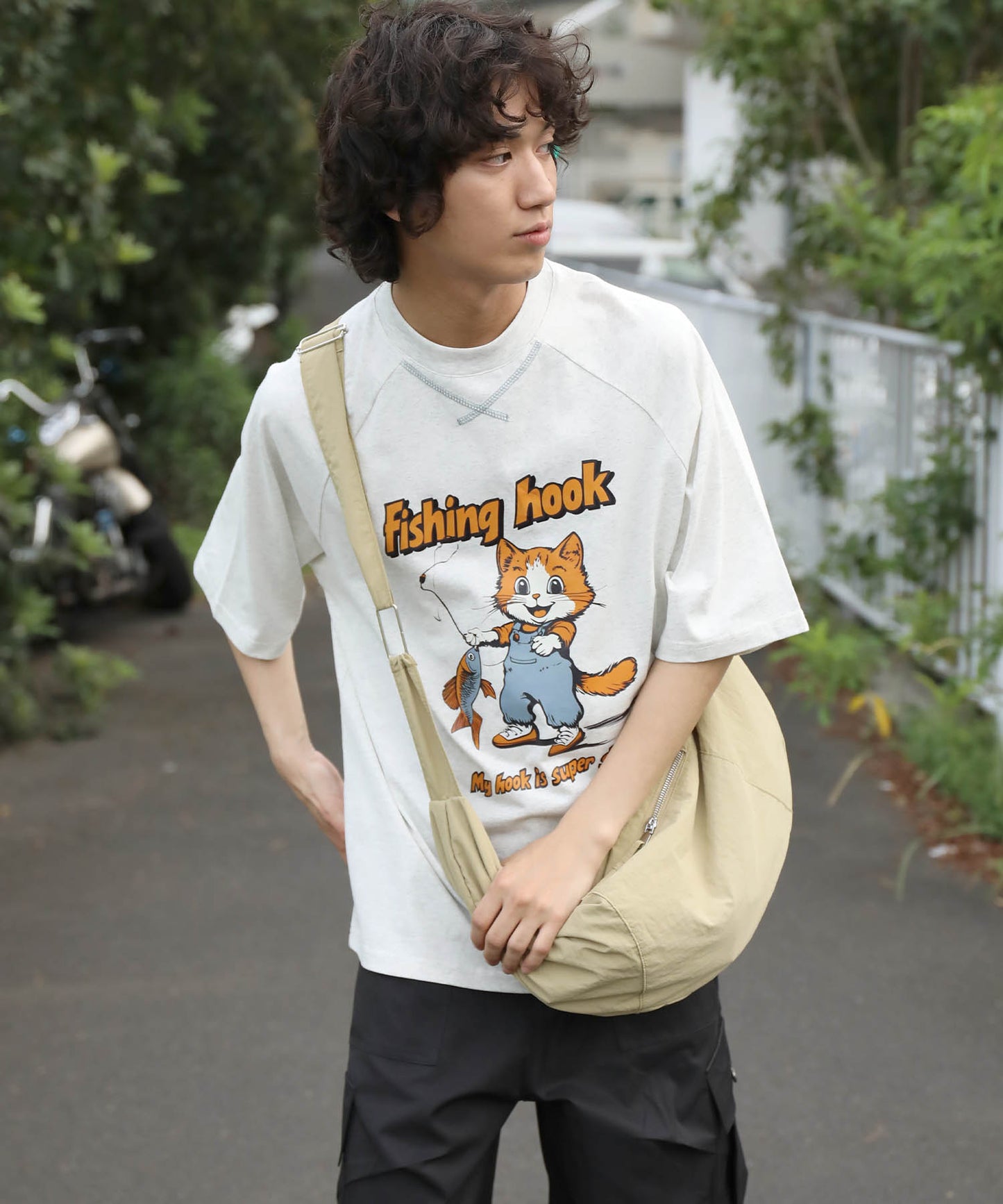 HOOK -original- アメリカンカートゥーン釣り猫プリントラグランスリーブTEE