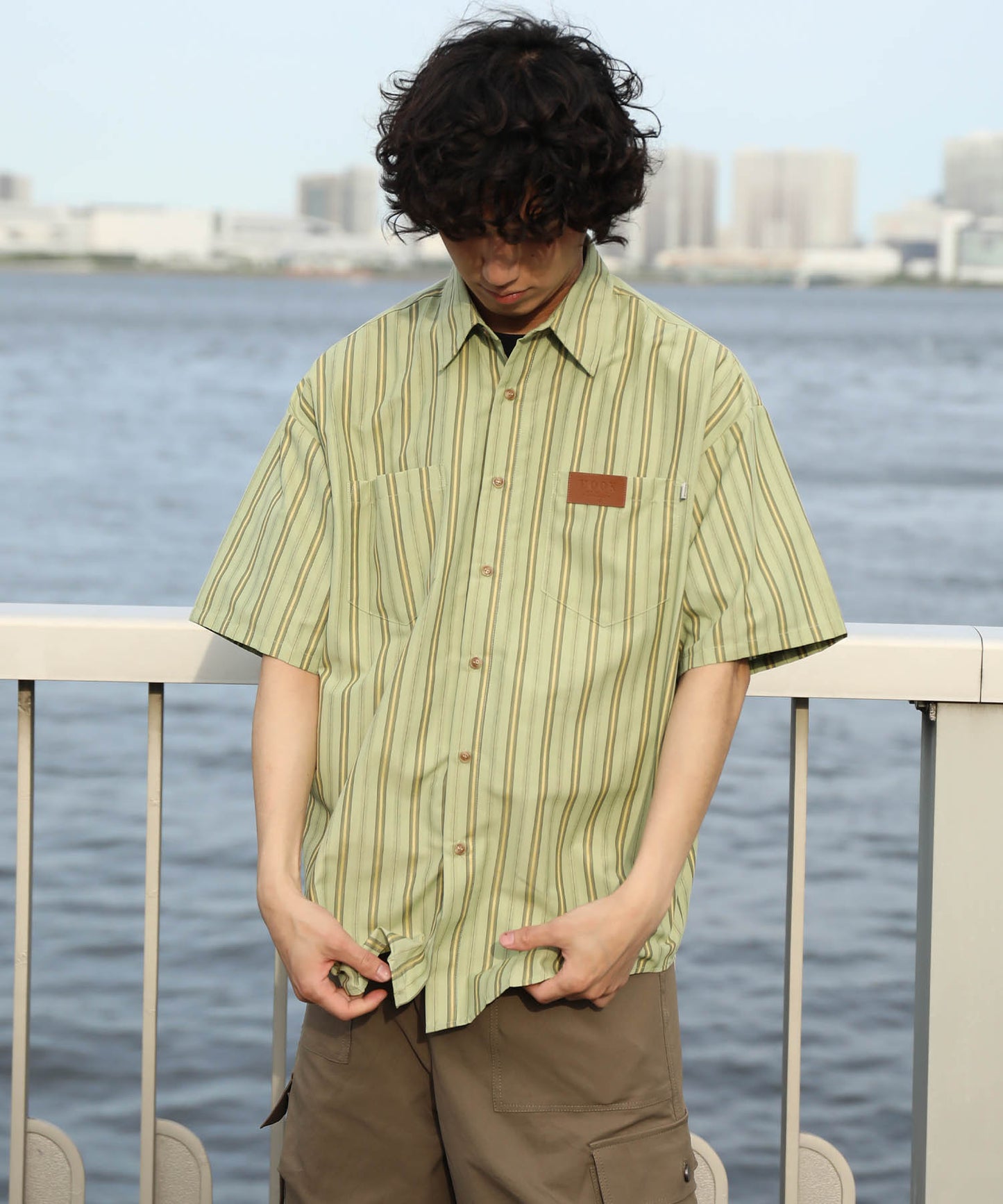 HOOK -original- 古着風ストライプ総柄半袖ビッグシャツ