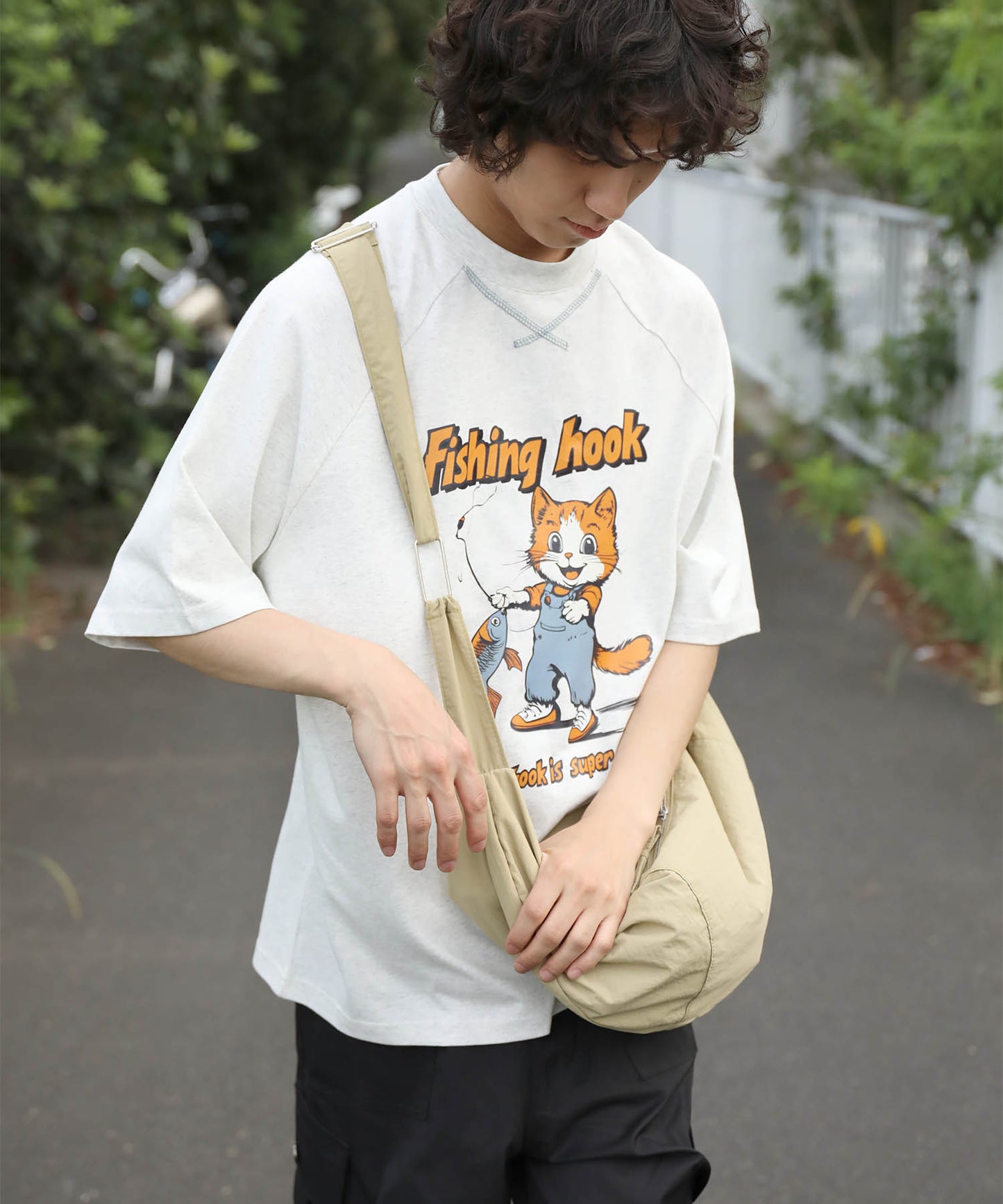 HOOK -original- アメリカンカートゥーン釣り猫プリントラグランスリーブTEE