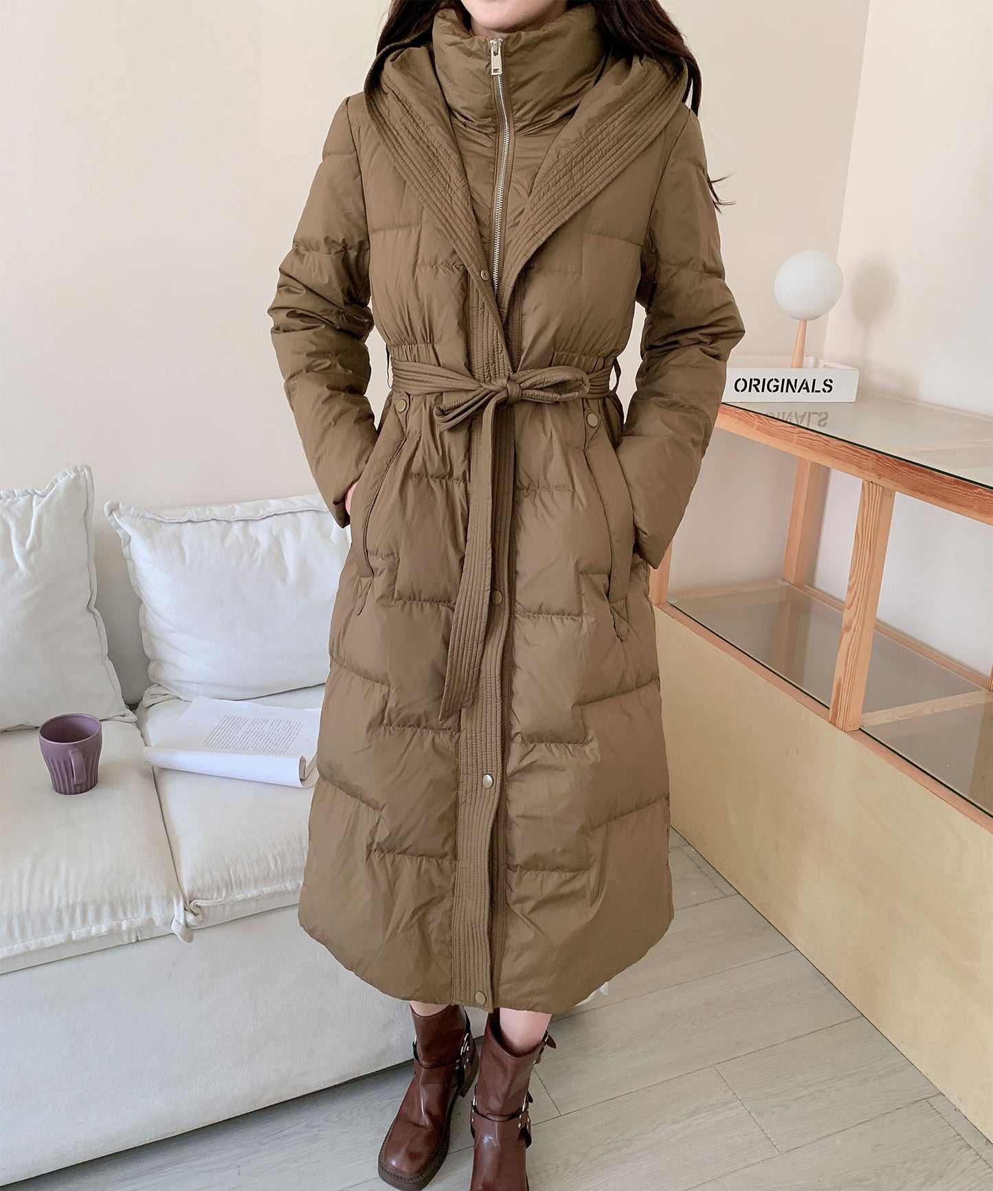 ウエストリボン付きロングダウンコート