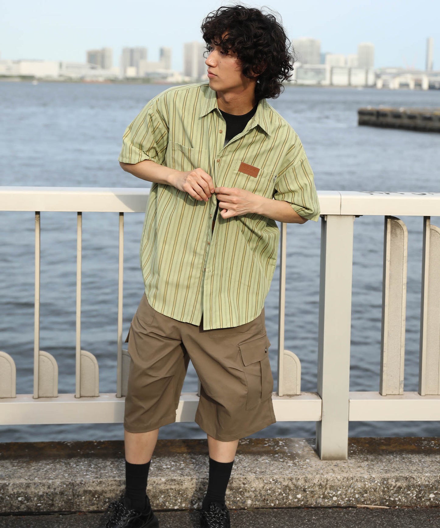 HOOK -original- 古着風ストライプ総柄半袖ビッグシャツ