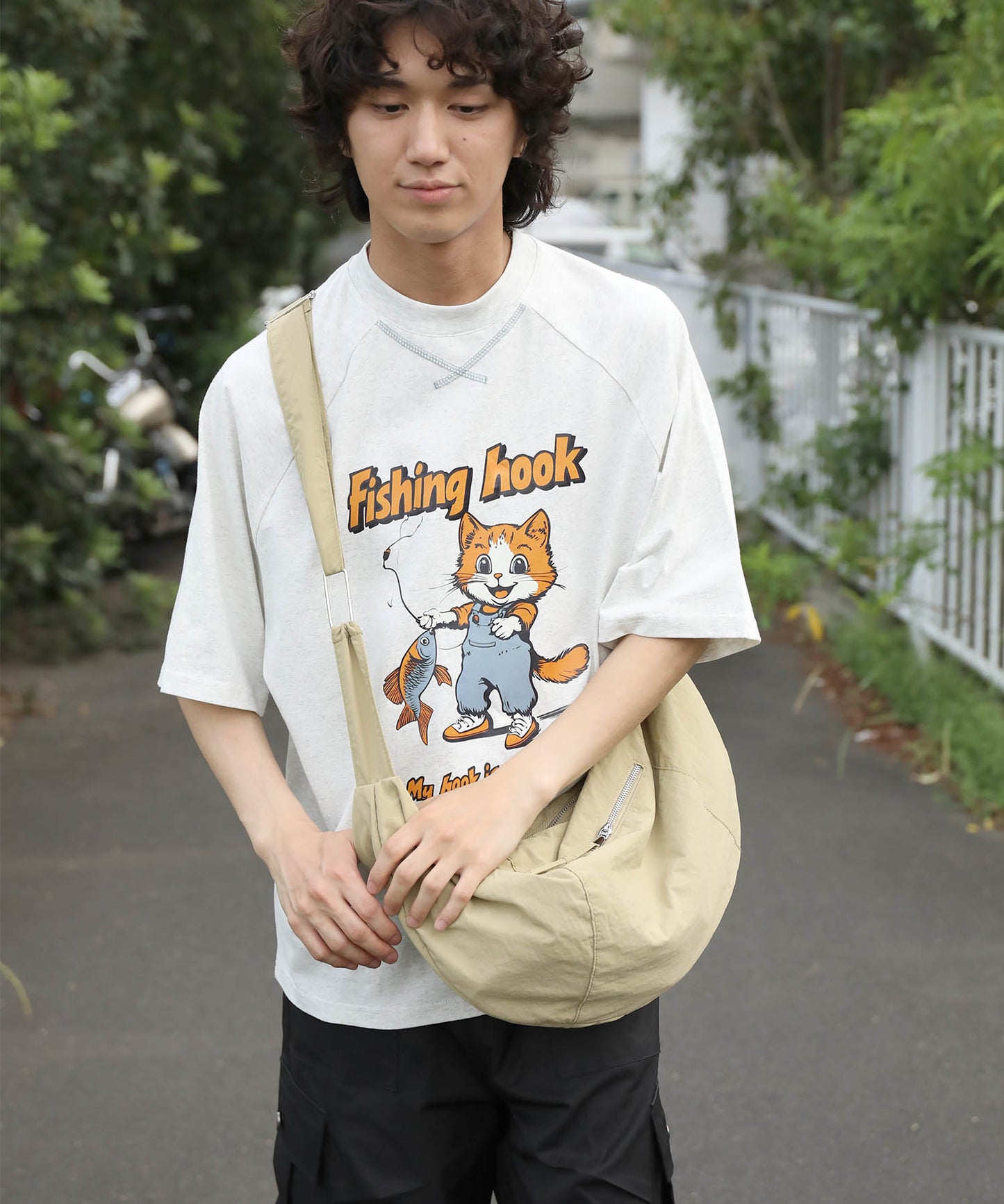 HOOK -original- アメリカンカートゥーン釣り猫プリントラグランスリーブTEE
