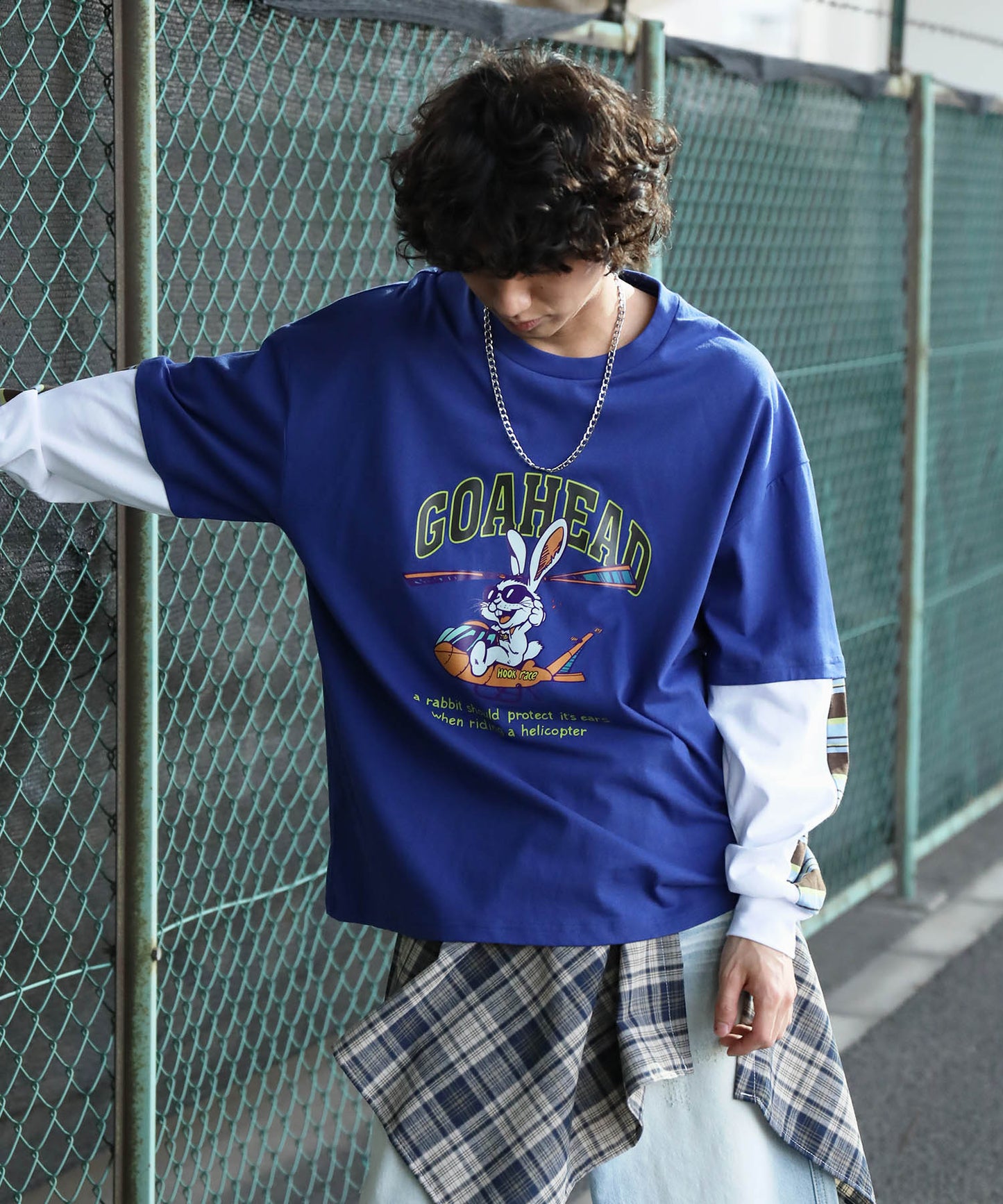 HOOK -original- アメリカンカートゥーンうさぎプリント袖切り替えTEE