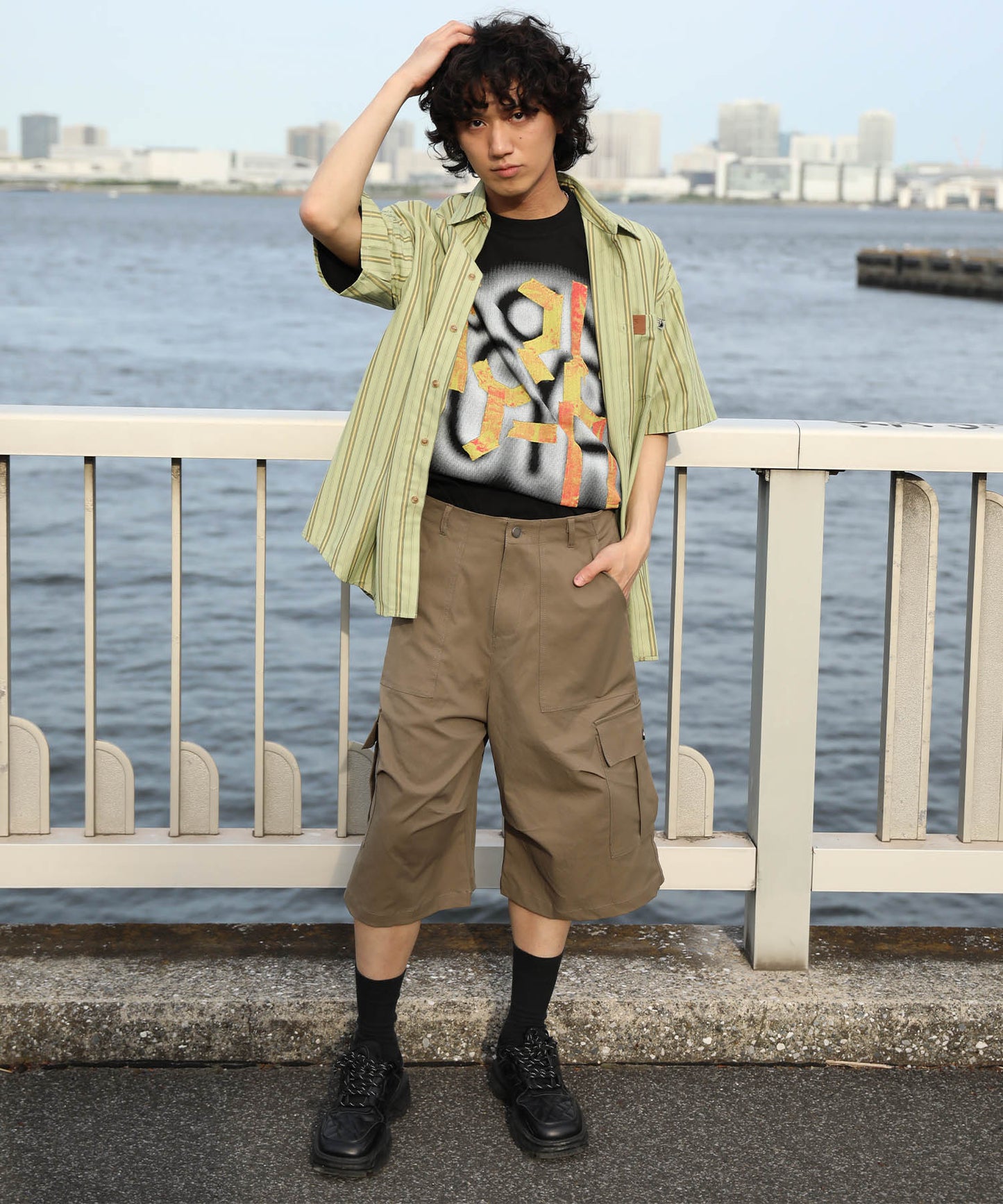 HOOK -original- 古着風ストライプ総柄半袖ビッグシャツ