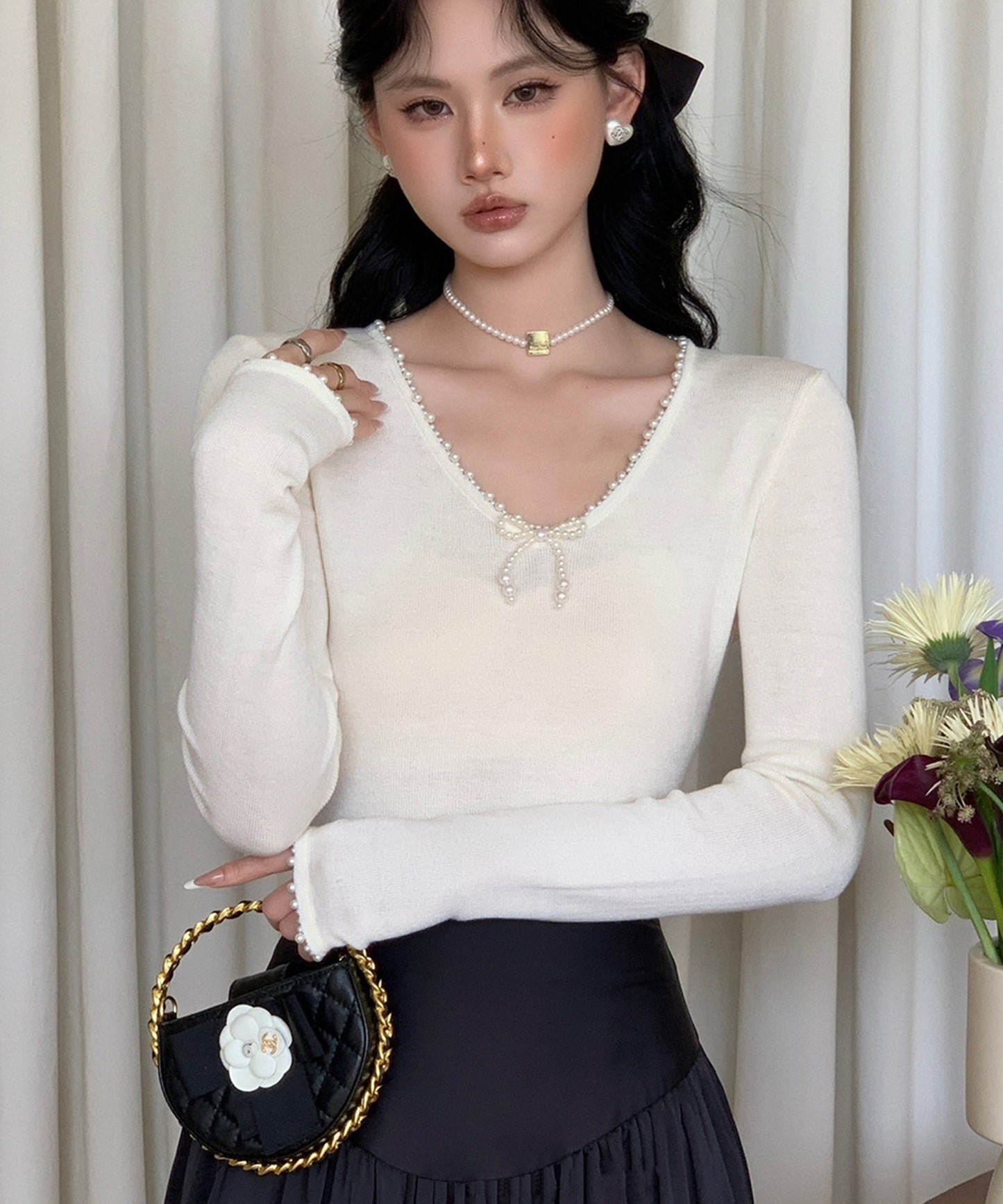【Jasmine】パールリボン長袖Tシャツ