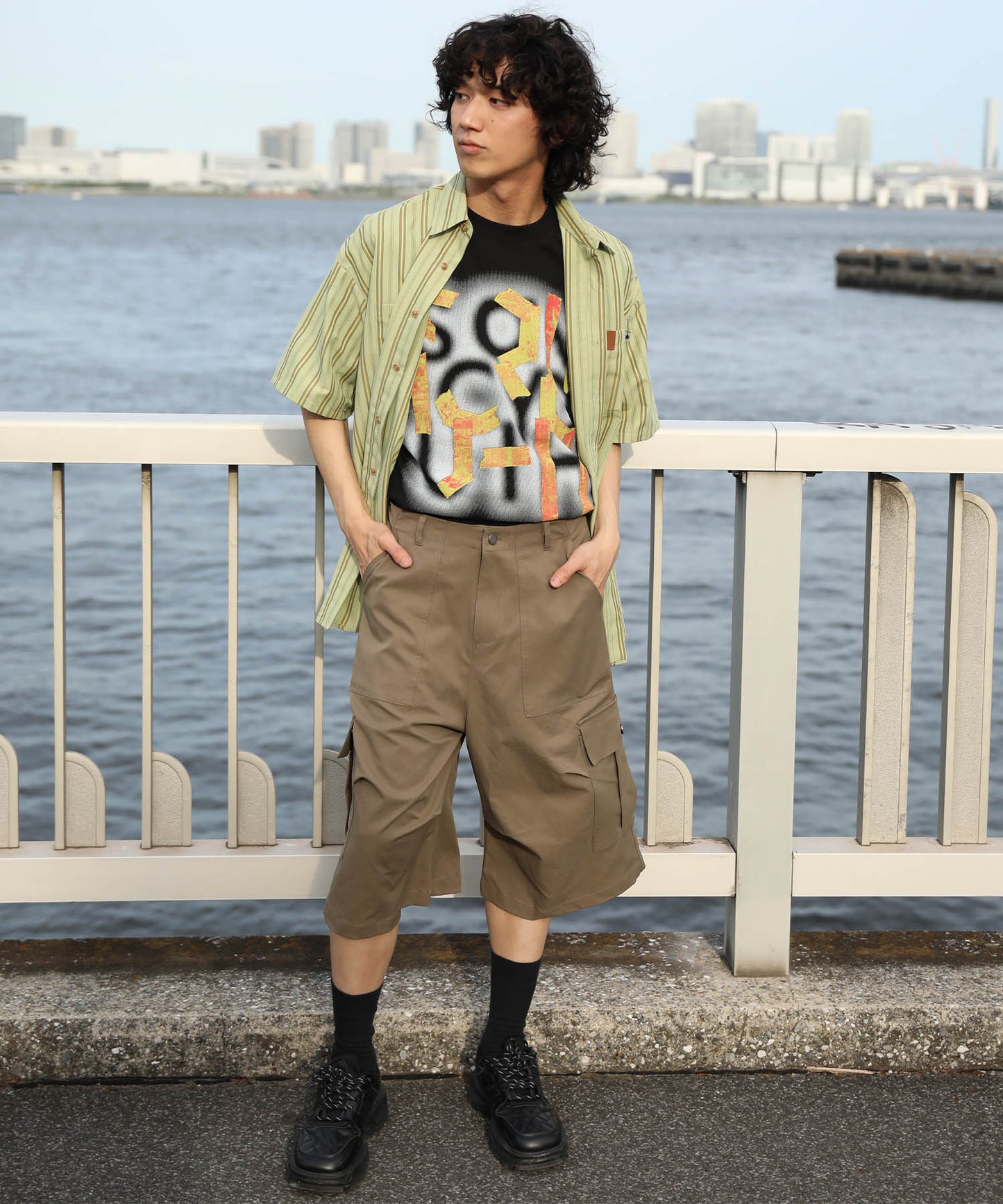 HOOK -original- 古着風ストライプ総柄半袖ビッグシャツ