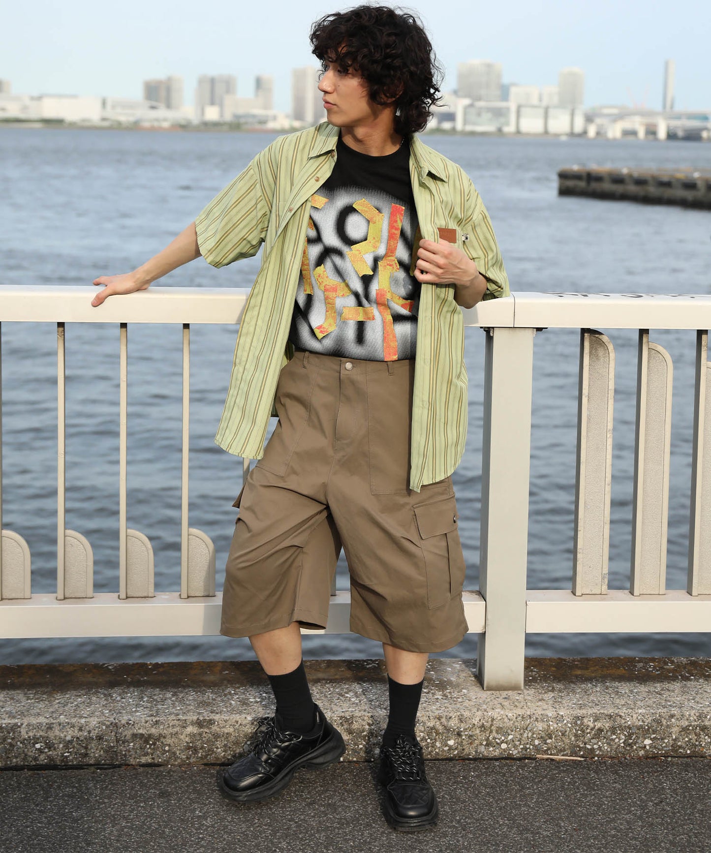 HOOK -original- 古着風ストライプ総柄半袖ビッグシャツ