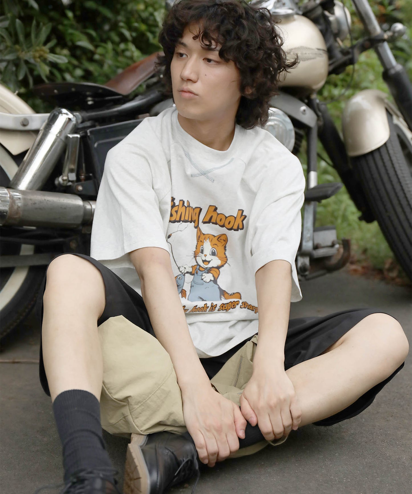 HOOK -original- アメリカンカートゥーン釣り猫プリントラグランスリーブTEE