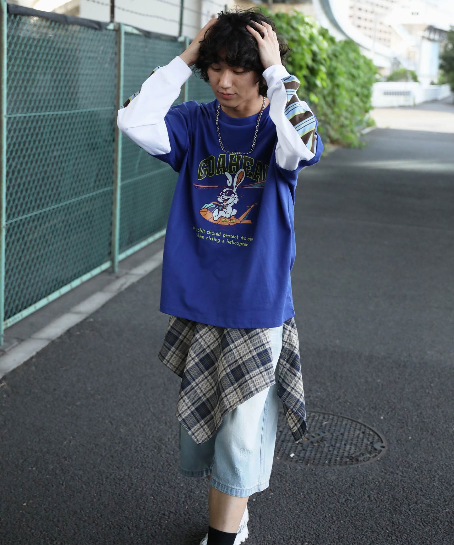 HOOK -original- アメリカンカートゥーンうさぎプリント袖切り替えTEE