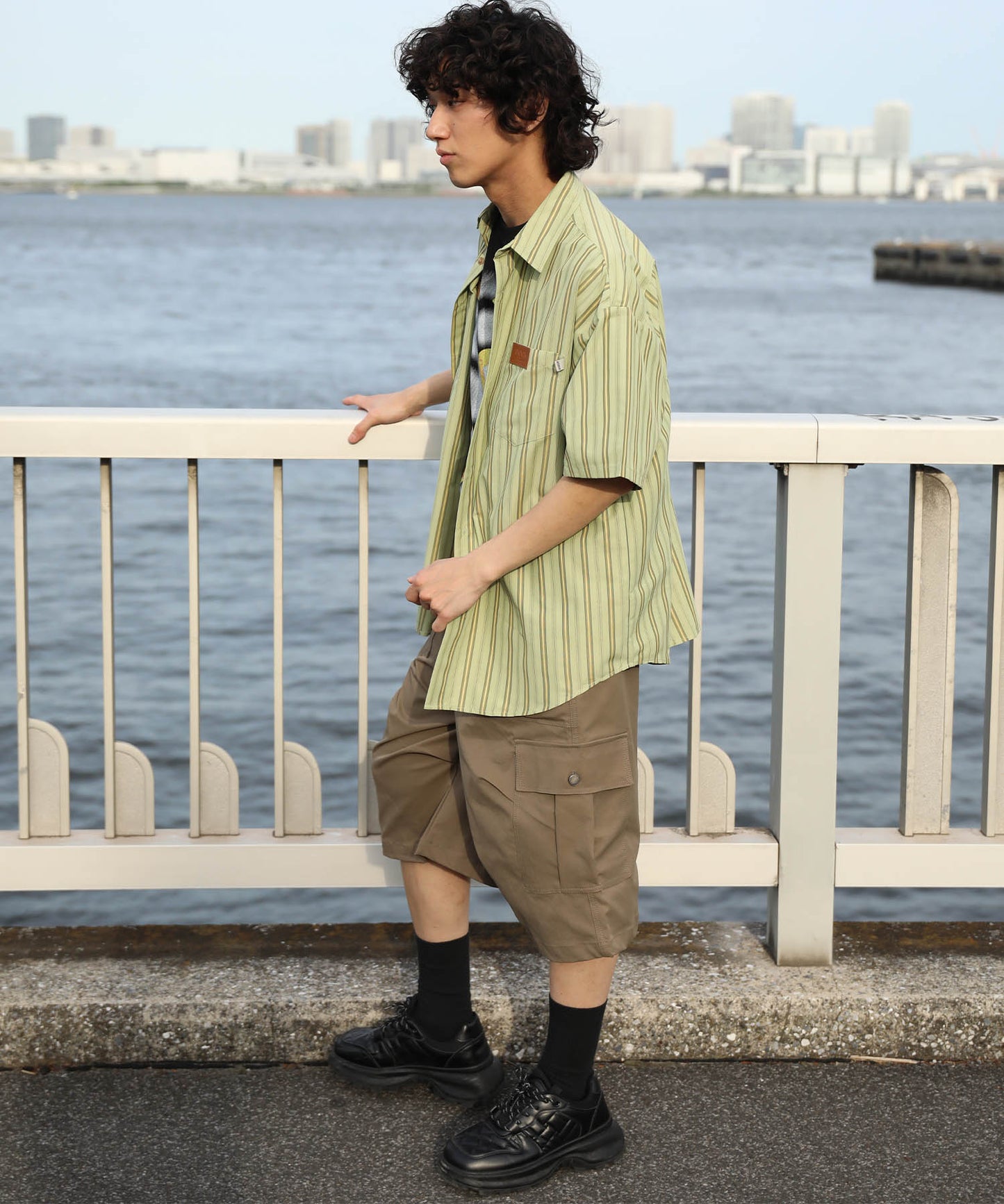 HOOK -original- 古着風ストライプ総柄半袖ビッグシャツ