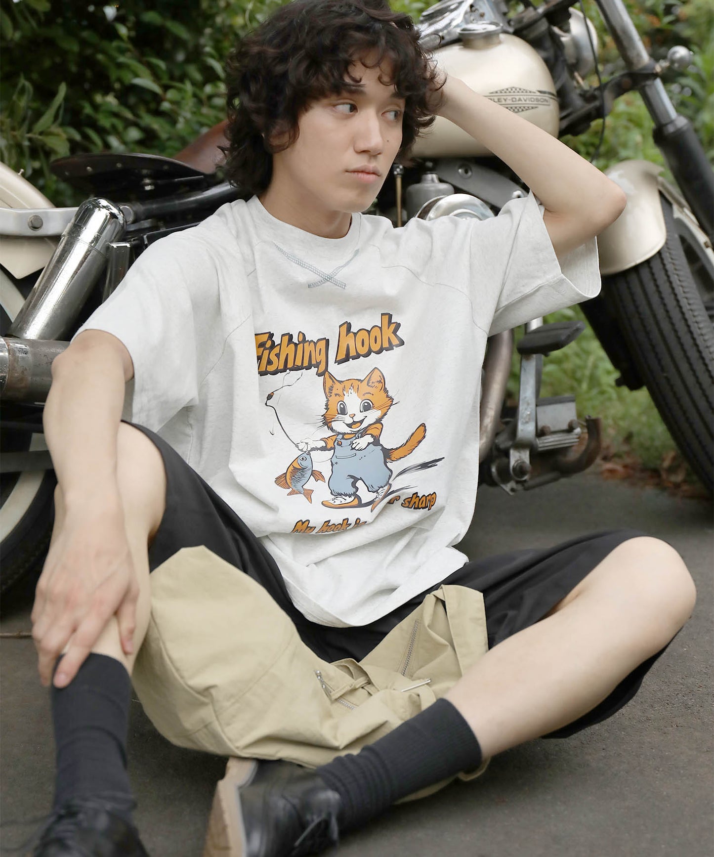 HOOK -original- アメリカンカートゥーン釣り猫プリントラグランスリーブTEE