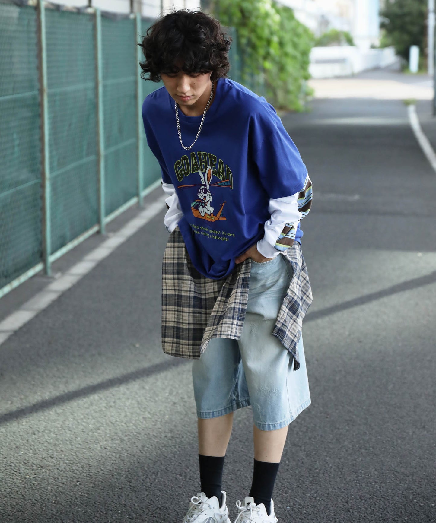 HOOK -original- アメリカンカートゥーンうさぎプリント袖切り替えTEE