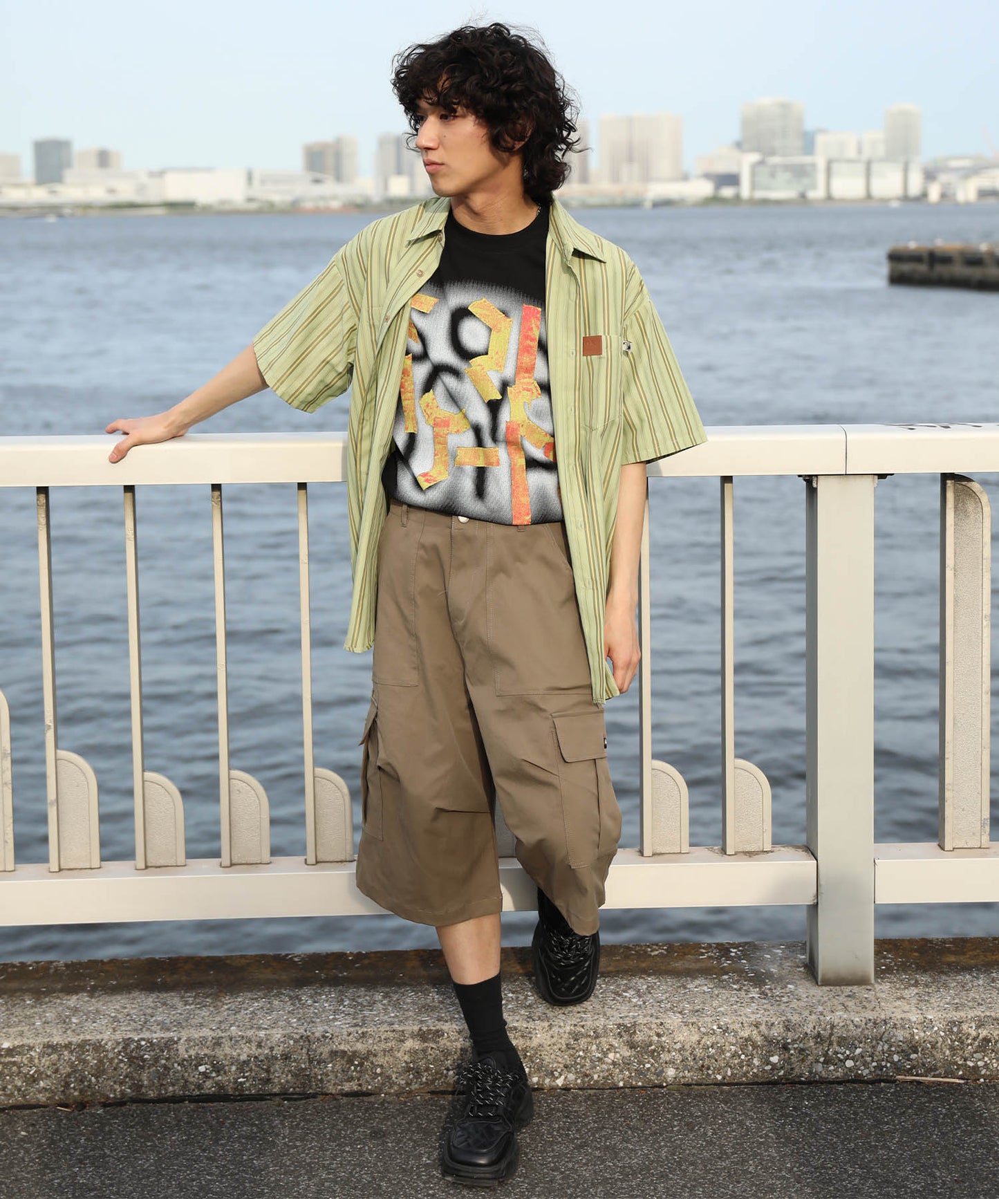 HOOK -original- 古着風ストライプ総柄半袖ビッグシャツ