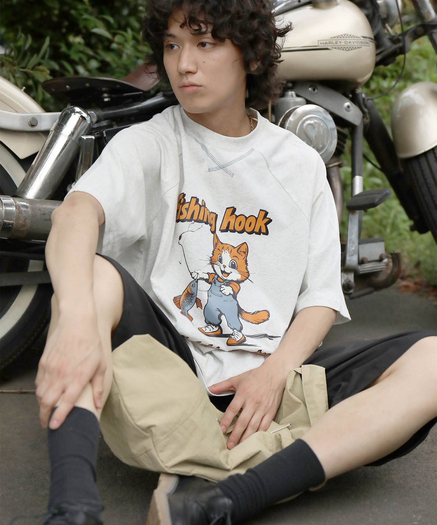 HOOK -original- アメリカンカートゥーン釣り猫プリントラグランスリーブTEE