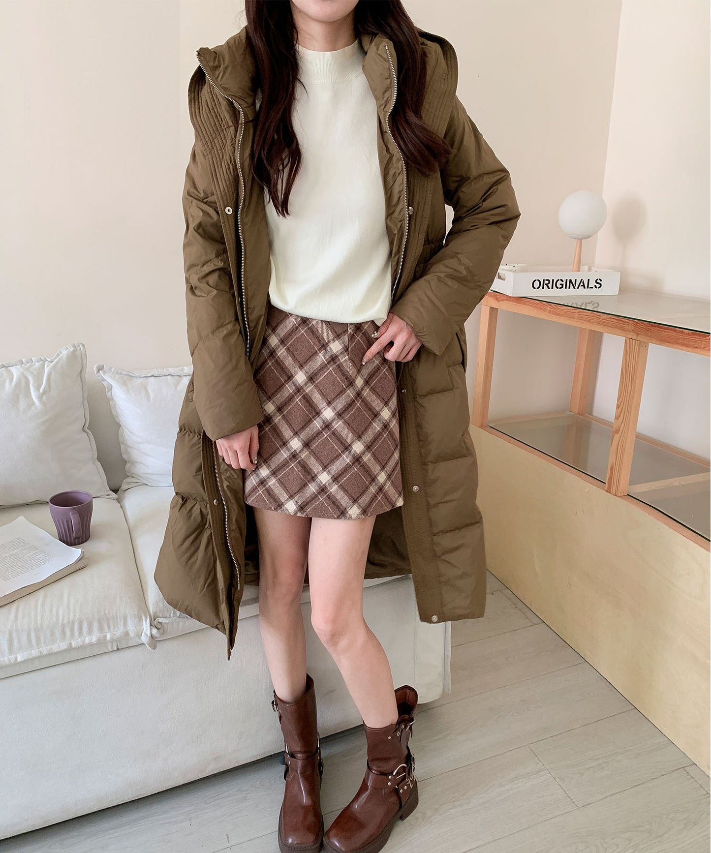 ウエストリボン付きロングダウンコート