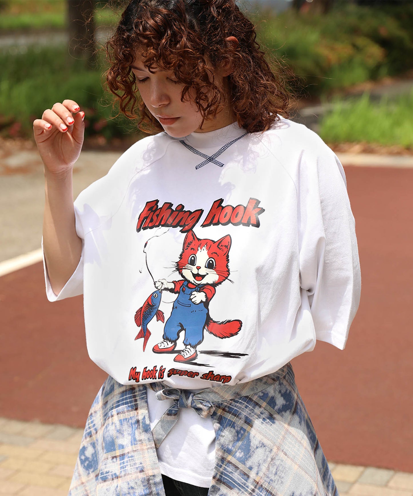 HOOK -original- アメリカンカートゥーン釣り猫プリントラグランスリーブTEE