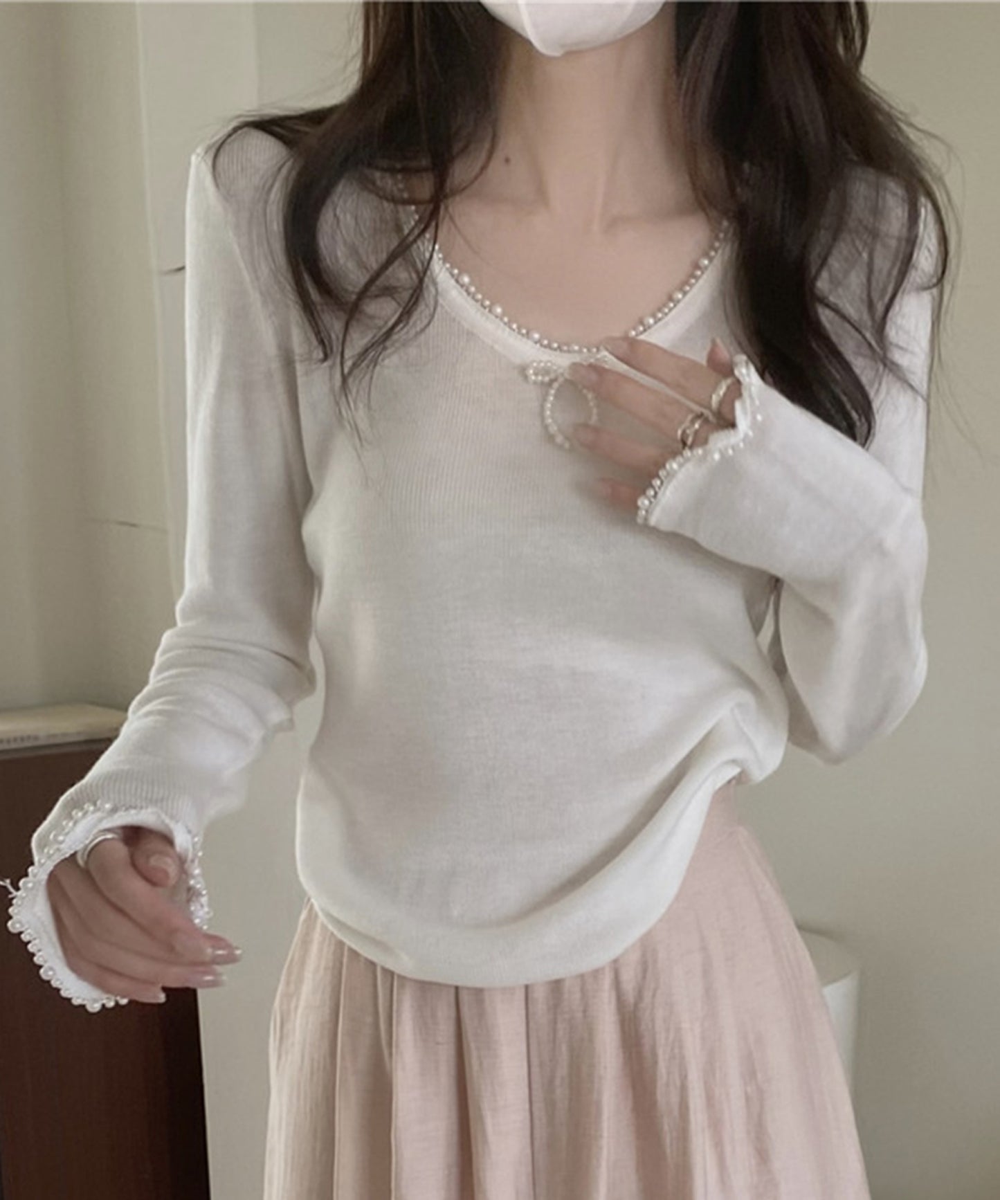 【Jasmine】パールリボン長袖Tシャツ