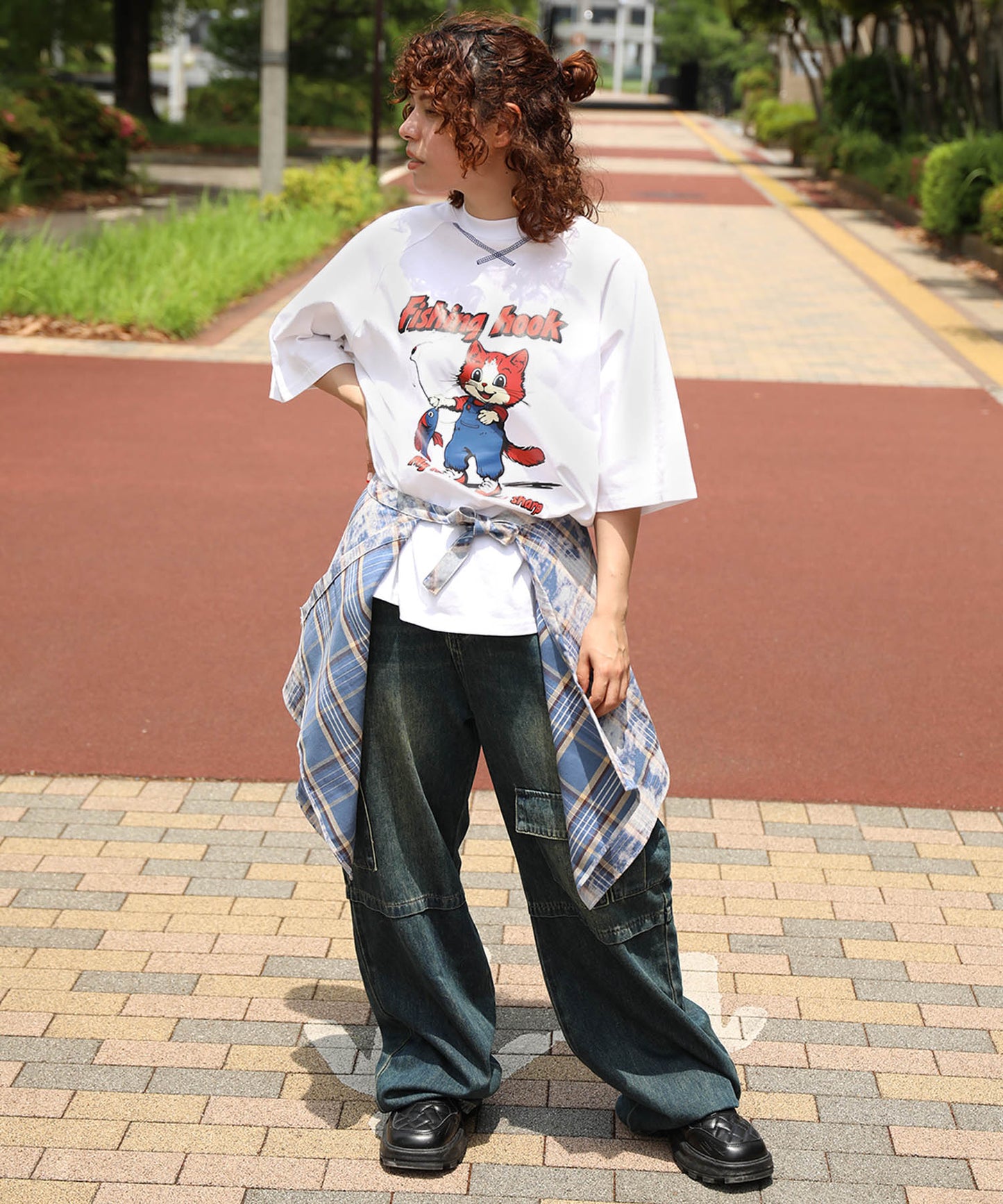 HOOK -original- アメリカンカートゥーン釣り猫プリントラグランスリーブTEE