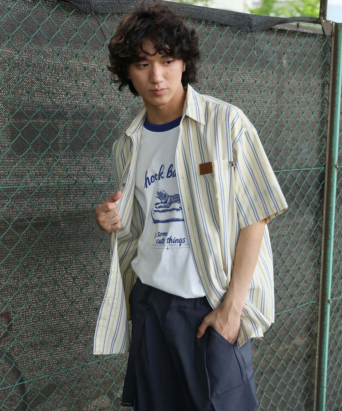 HOOK -original- 古着風ストライプ総柄半袖ビッグシャツ