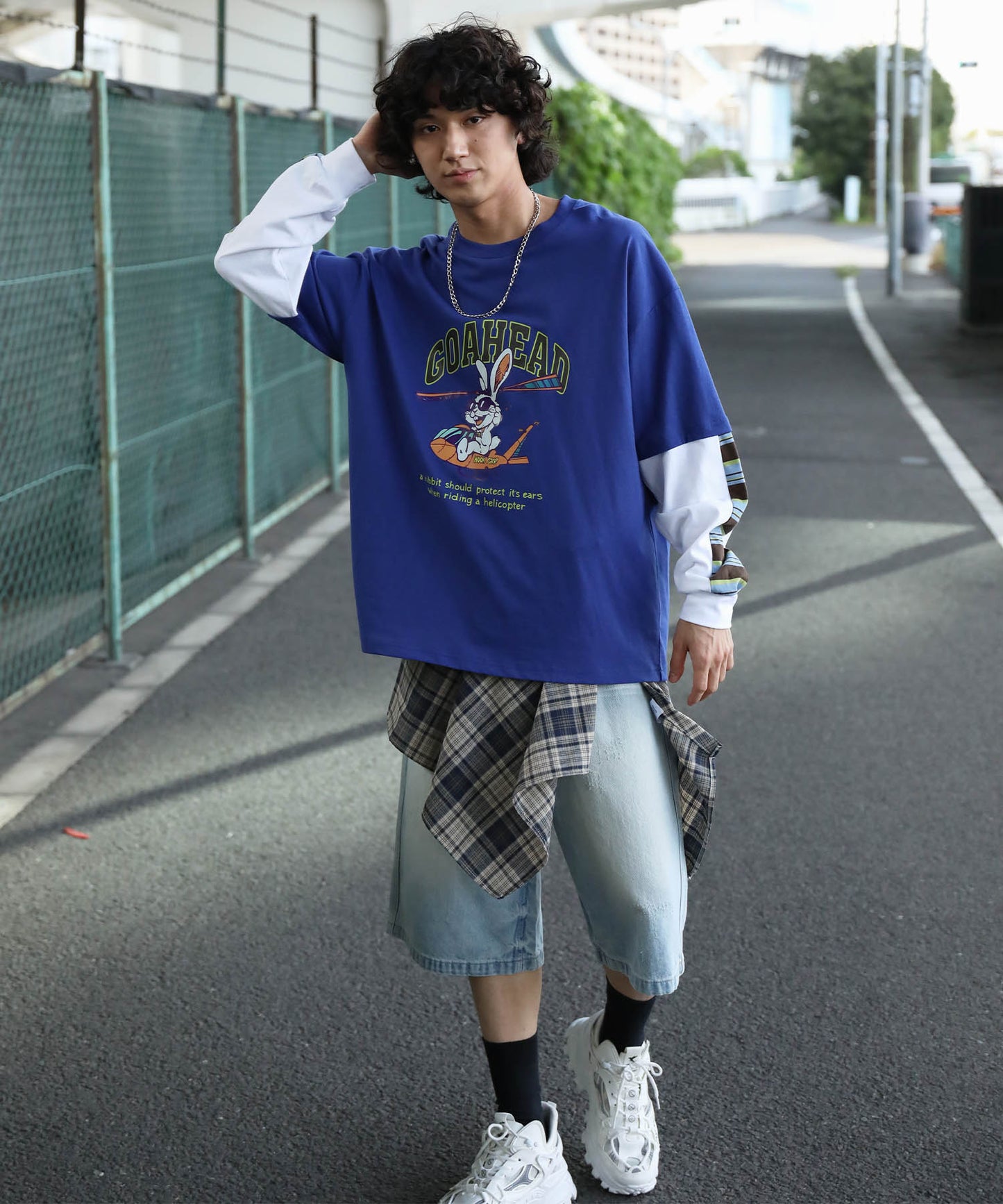 HOOK -original- アメリカンカートゥーンうさぎプリント袖切り替えTEE