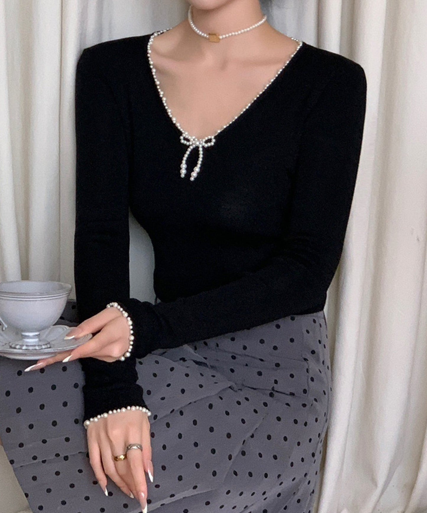 【Jasmine】パールリボン長袖Tシャツ