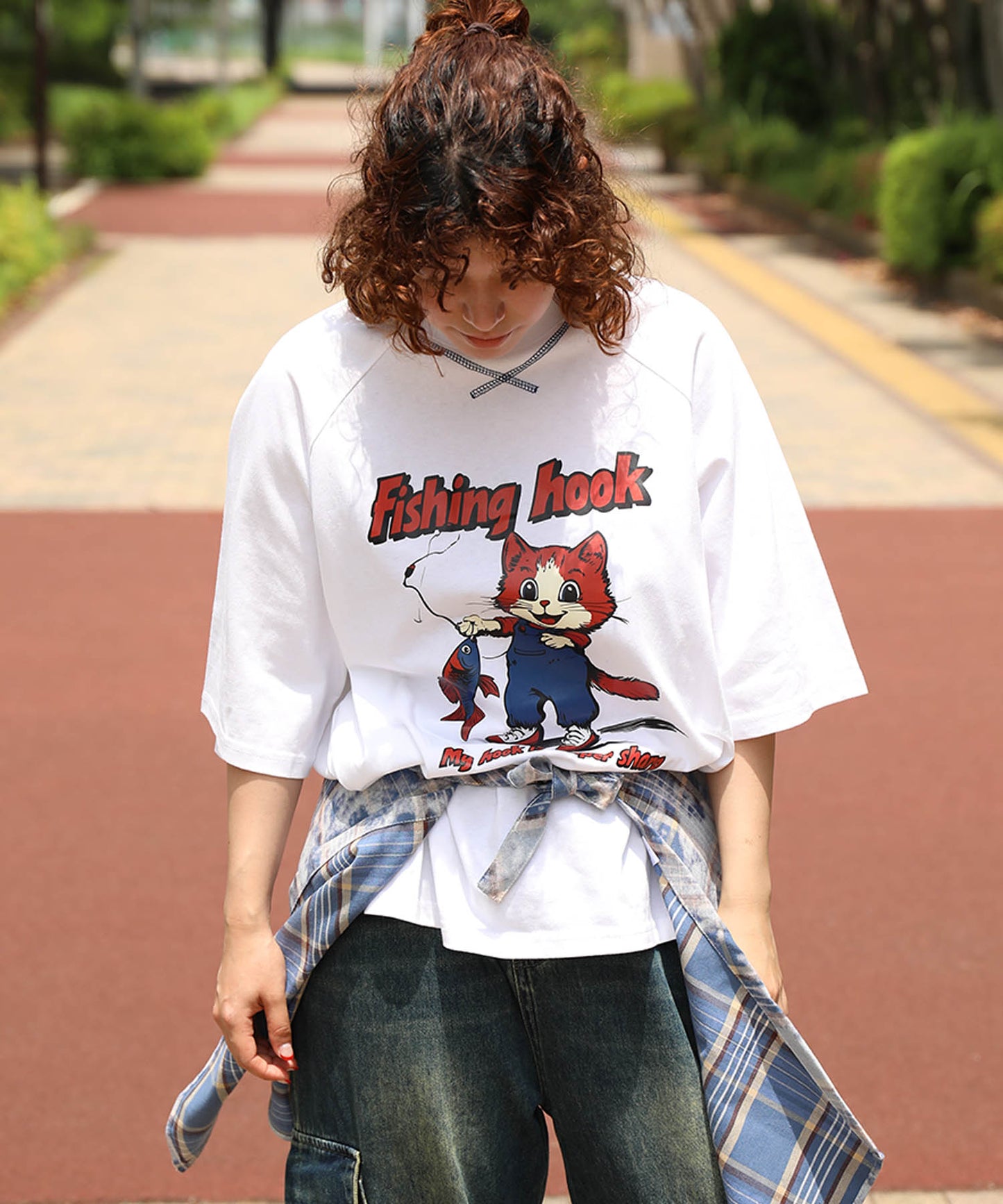 HOOK -original- アメリカンカートゥーン釣り猫プリントラグランスリーブTEE