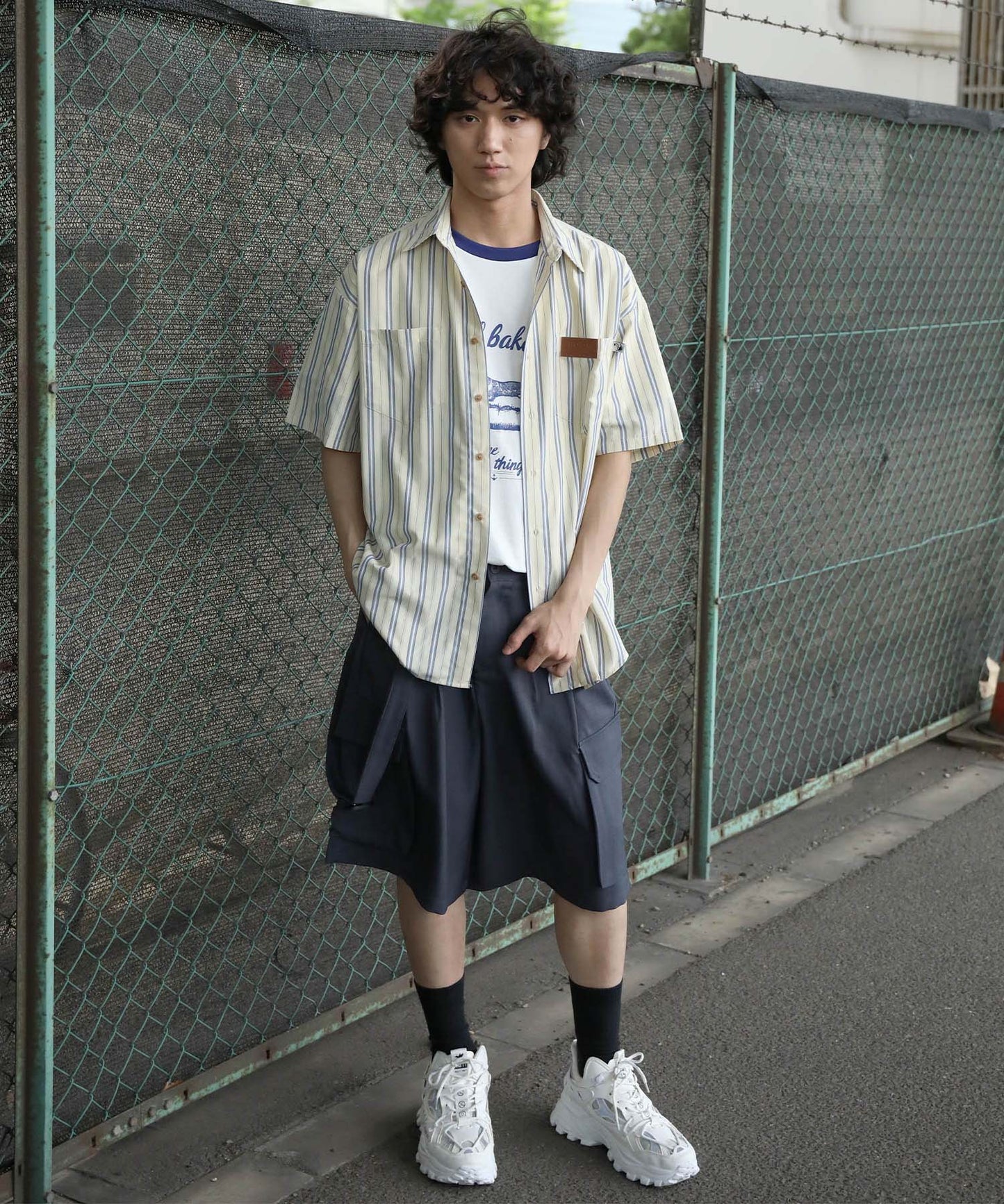 HOOK -original- 古着風ストライプ総柄半袖ビッグシャツ