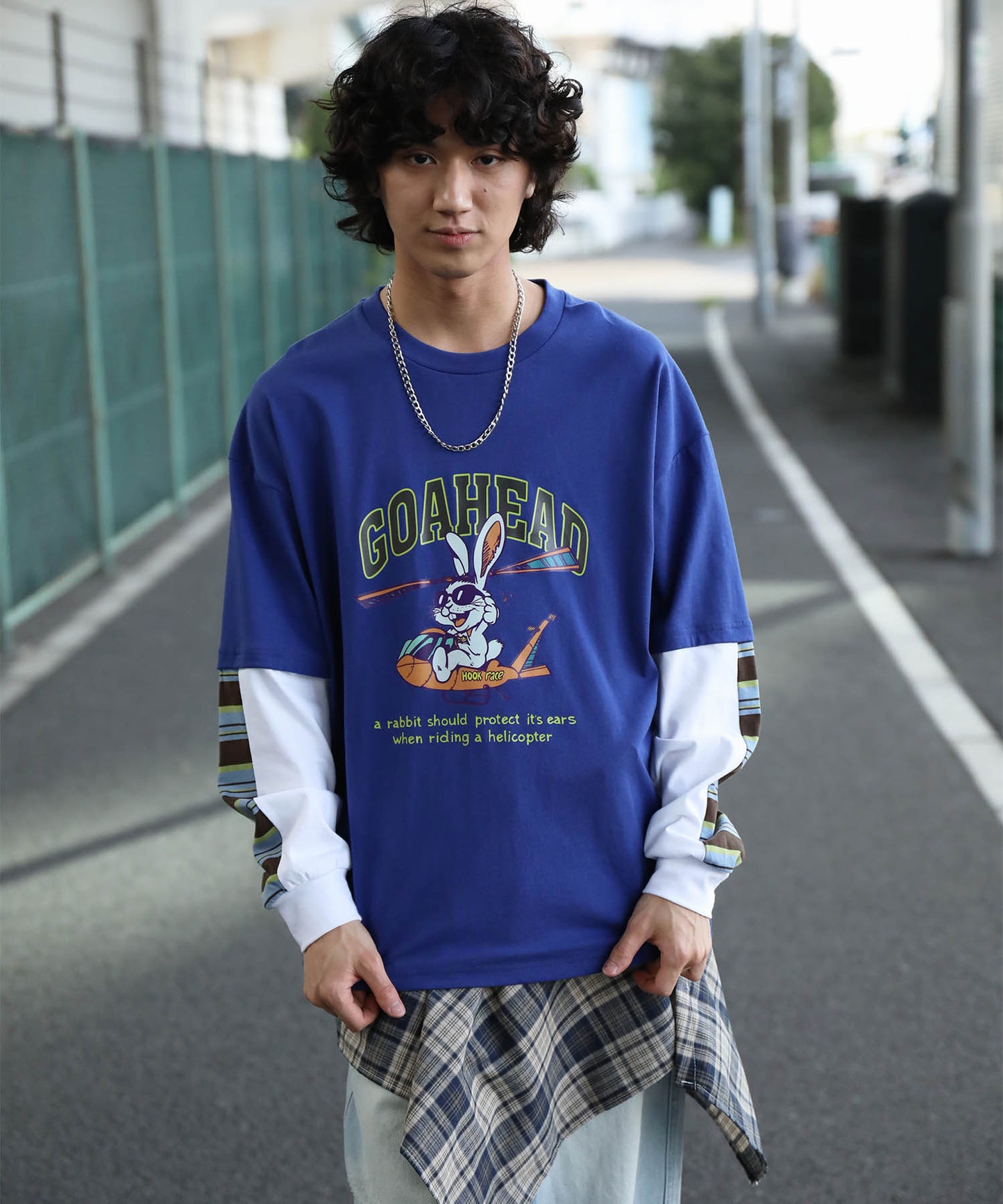 HOOK -original- アメリカンカートゥーンうさぎプリント袖切り替えTEE