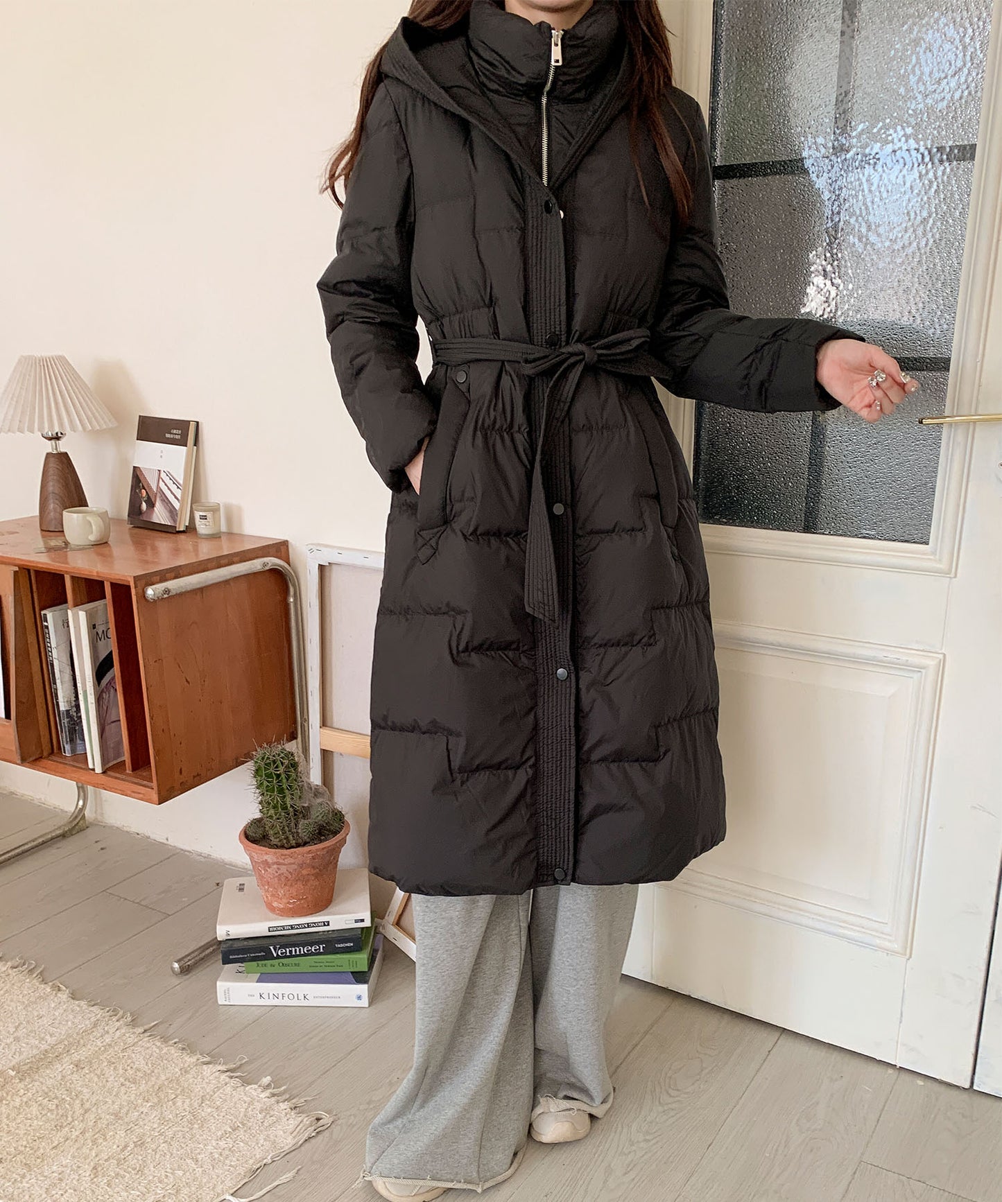 ウエストリボン付きロングダウンコート