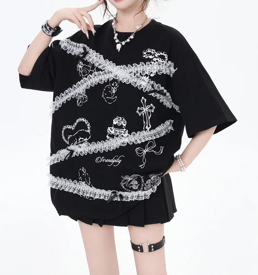 【HOOK】for girls レースリボンデザインTシャツ