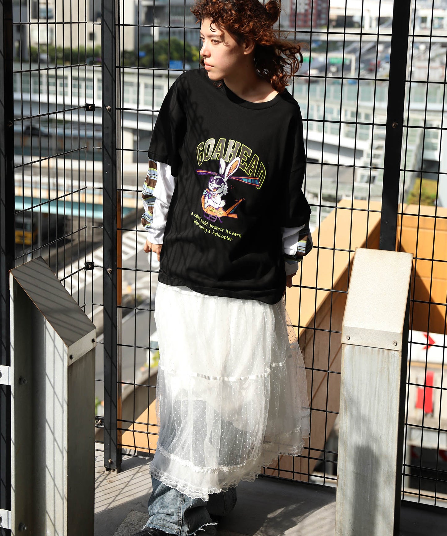 HOOK -original- アメリカンカートゥーンうさぎプリント袖切り替えTEE