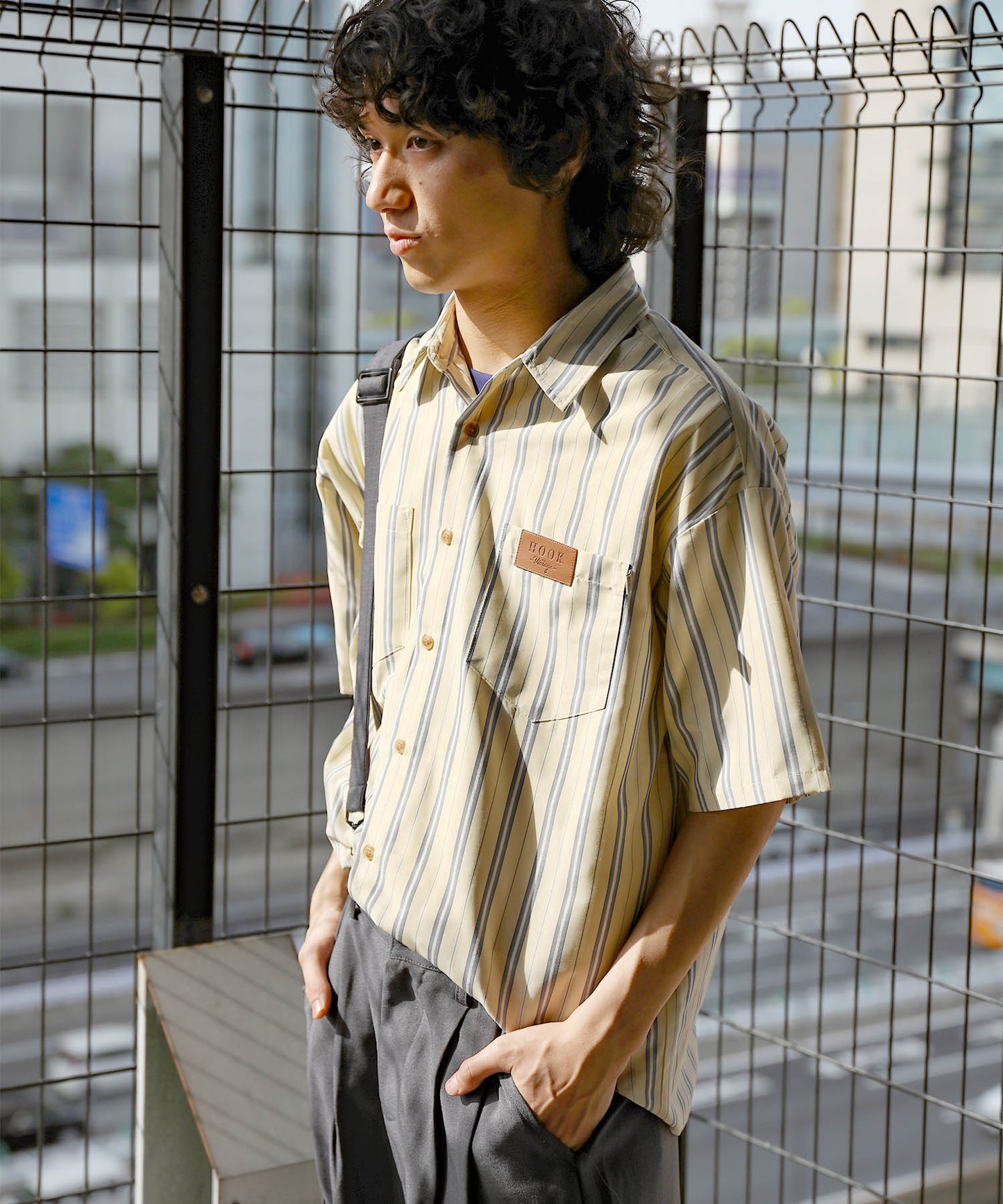 HOOK -original- 古着風ストライプ総柄半袖ビッグシャツ