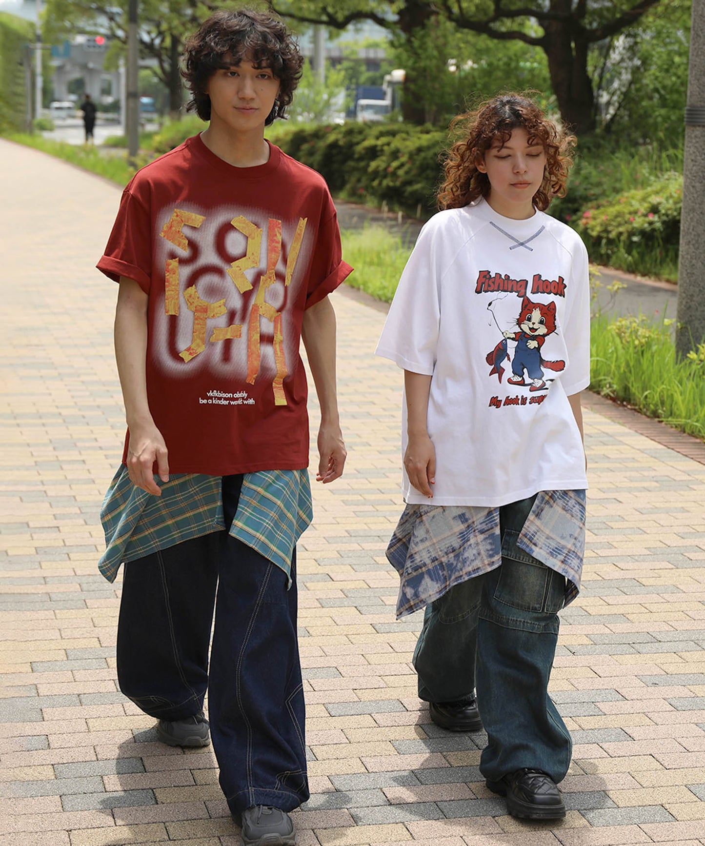 HOOK -original- アメリカンカートゥーン釣り猫プリントラグランスリーブTEE