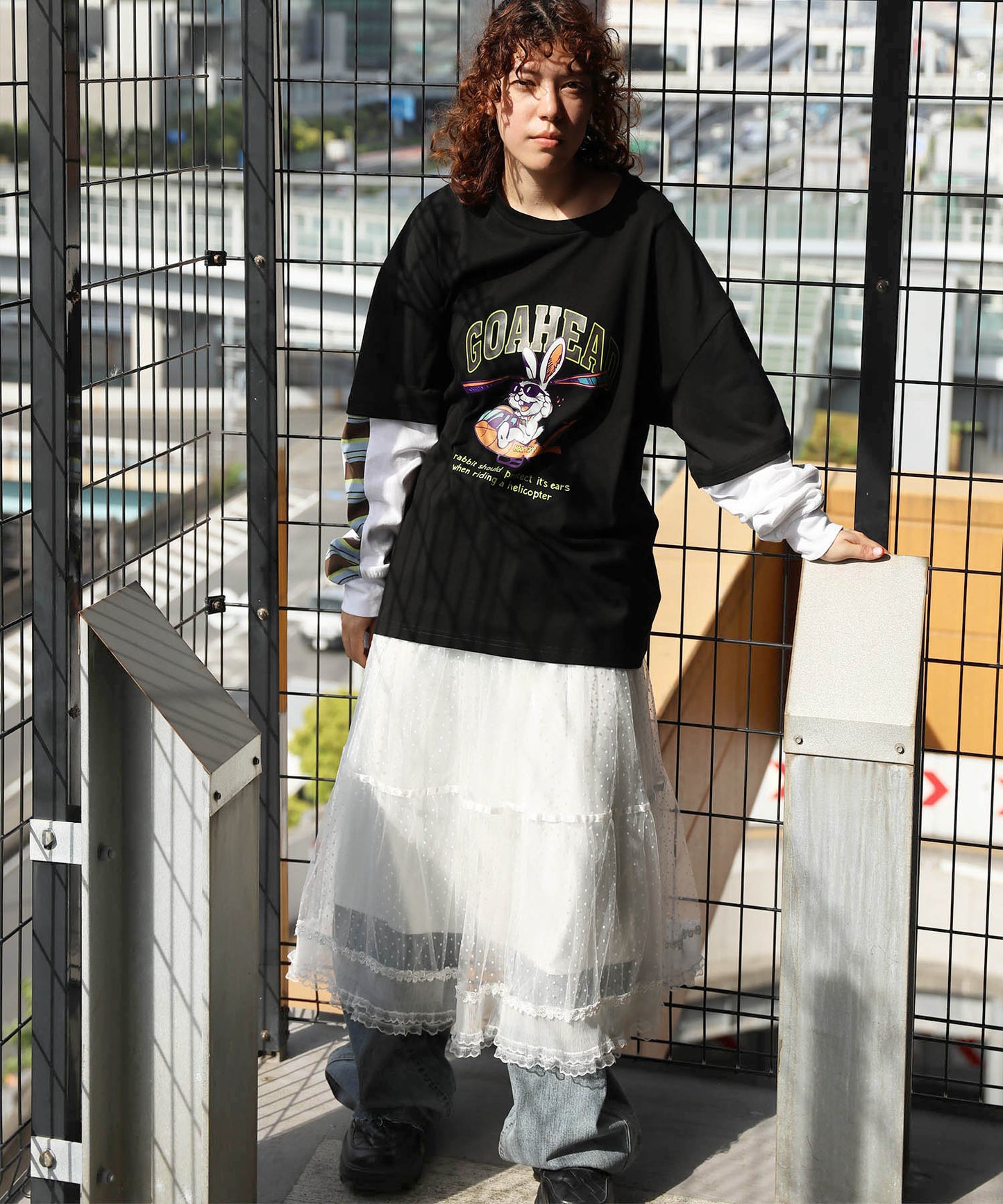 HOOK -original- アメリカンカートゥーンうさぎプリント袖切り替えTEE