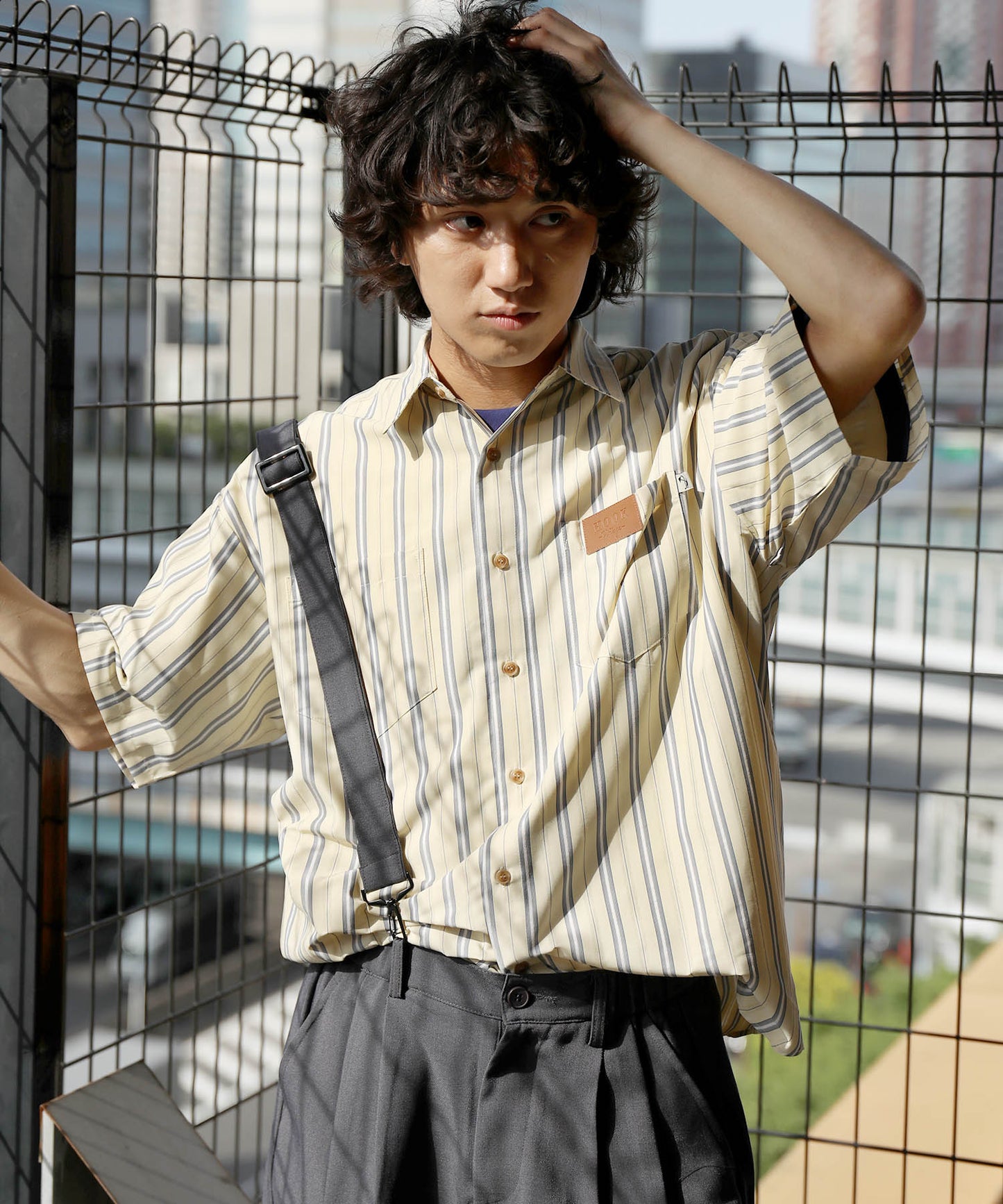 HOOK -original- 古着風ストライプ総柄半袖ビッグシャツ