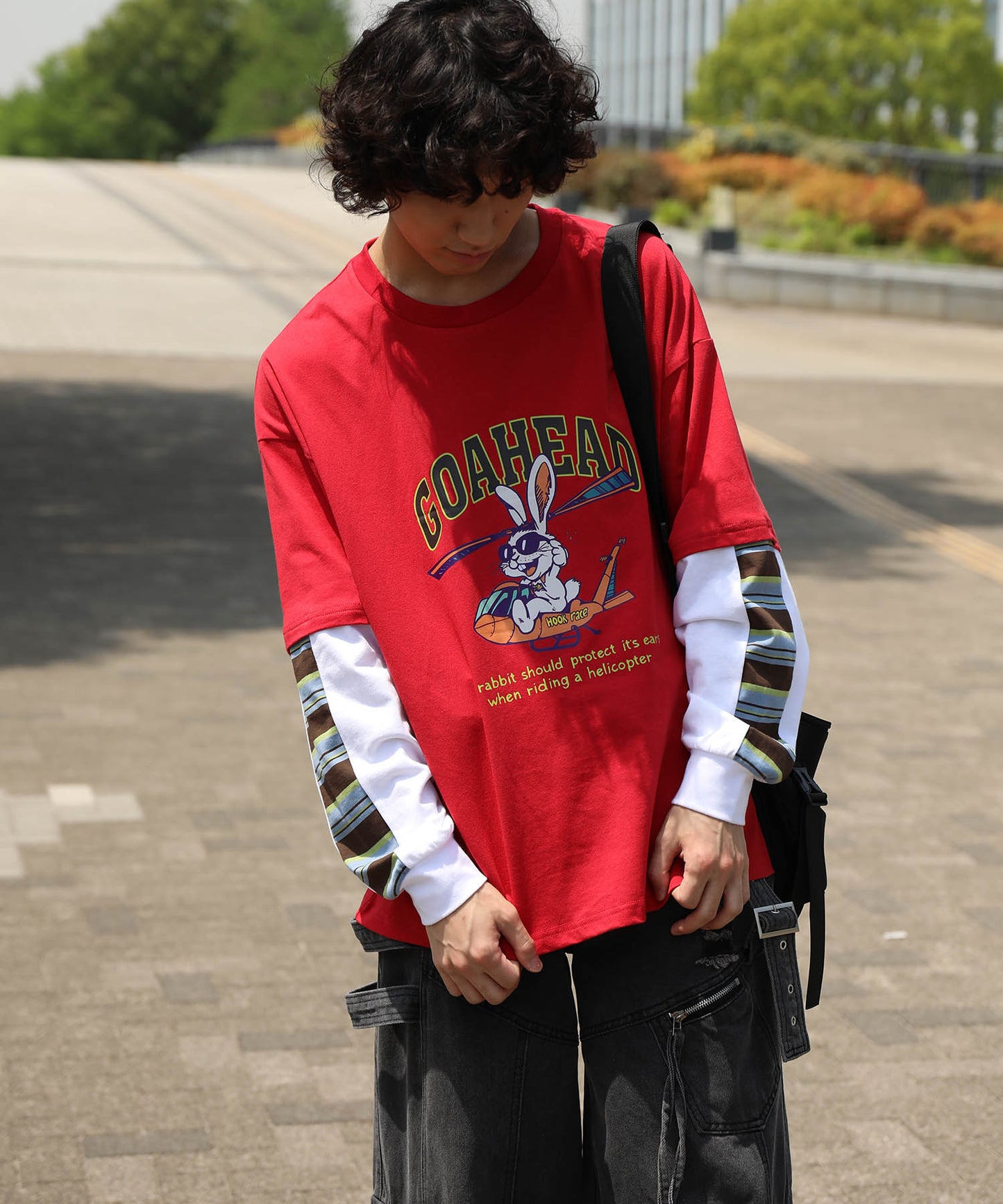 HOOK -original- アメリカンカートゥーンうさぎプリント袖切り替えTEE