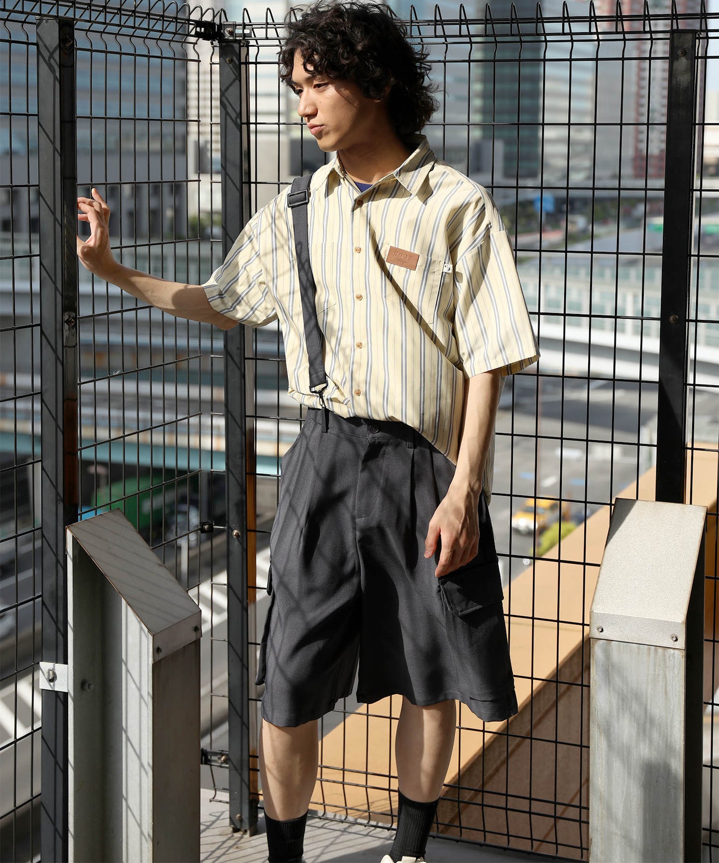 HOOK -original- 古着風ストライプ総柄半袖ビッグシャツ