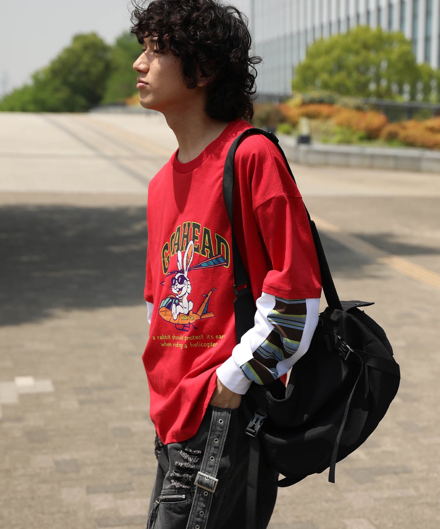 HOOK -original- アメリカンカートゥーンうさぎプリント袖切り替えTEE