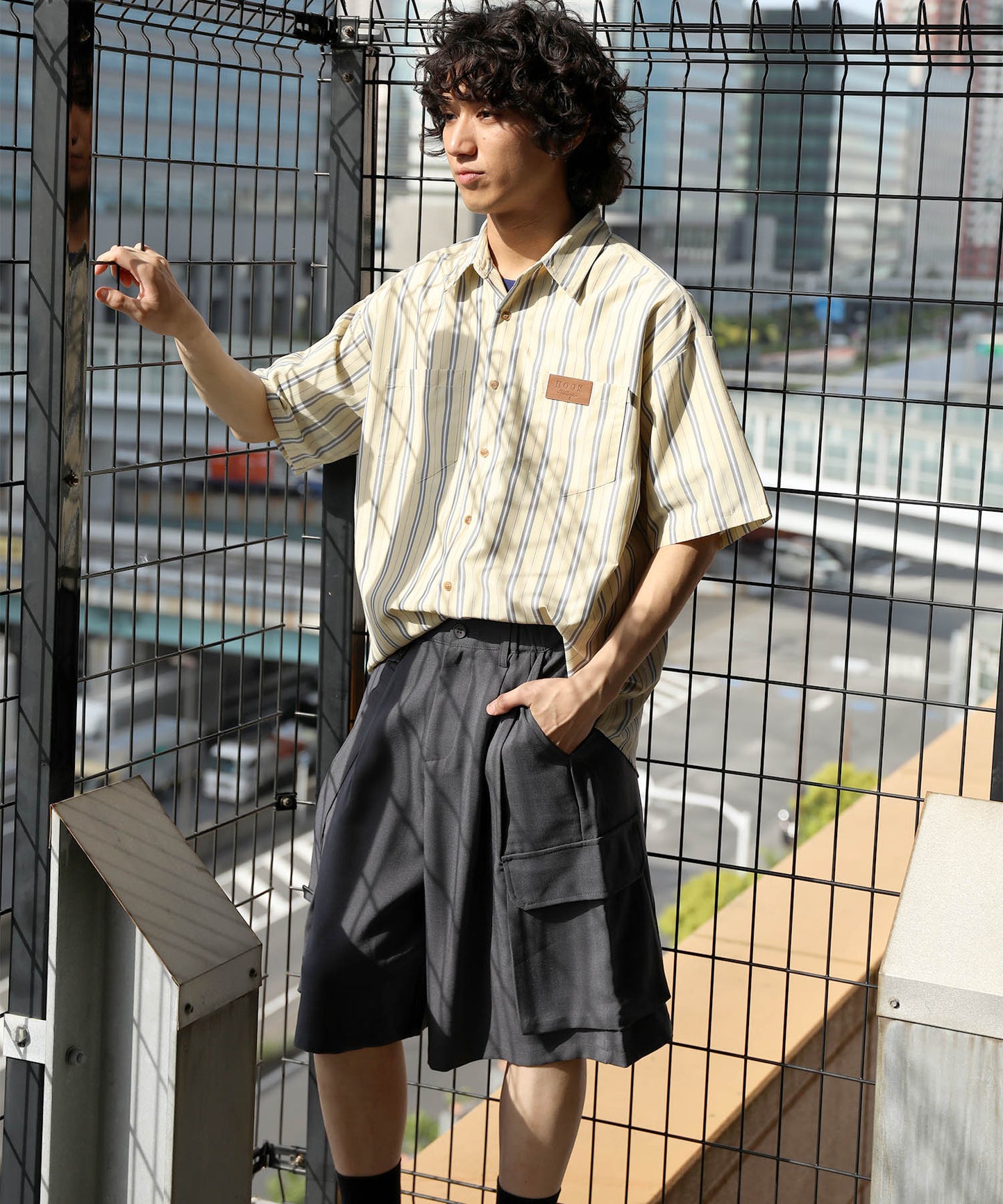 HOOK -original- 古着風ストライプ総柄半袖ビッグシャツ