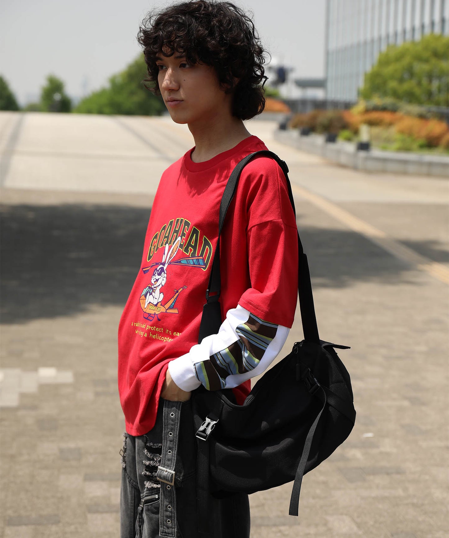 HOOK -original- アメリカンカートゥーンうさぎプリント袖切り替えTEE