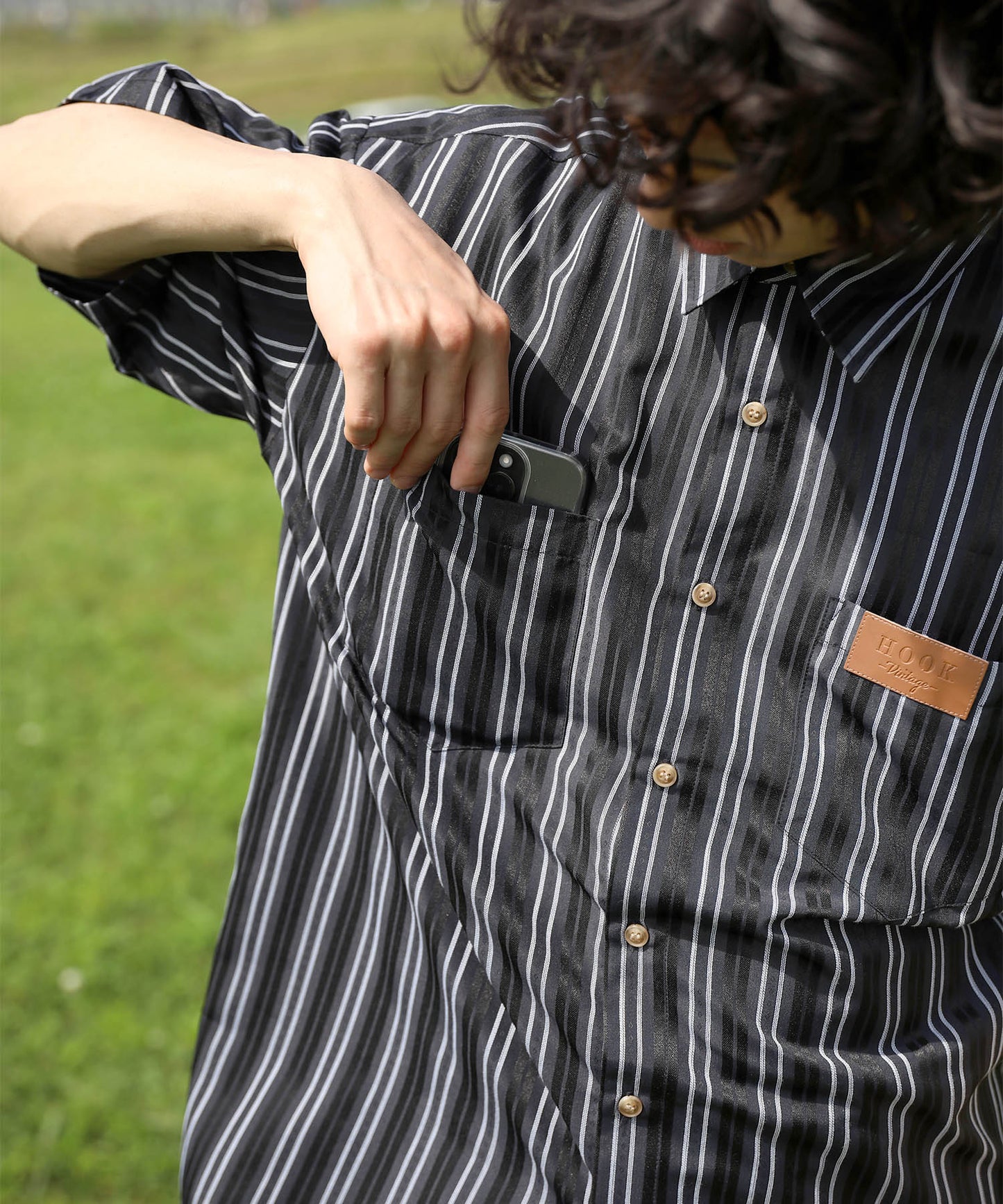 HOOK -original- 古着風ストライプ総柄半袖ビッグシャツ