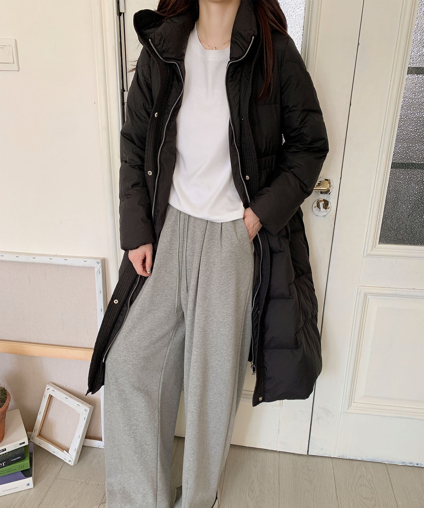 ウエストリボン付きロングダウンコート