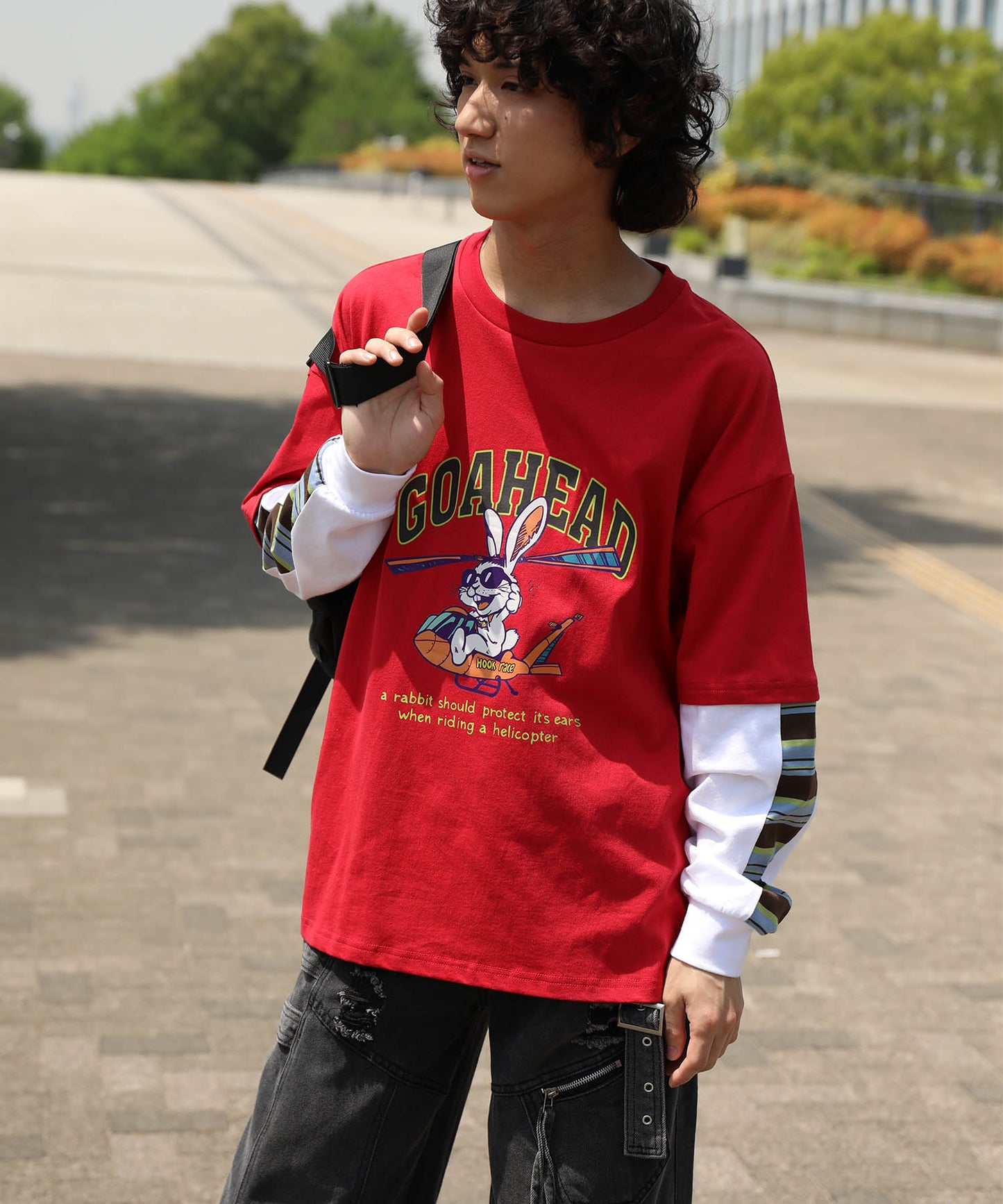 HOOK -original- アメリカンカートゥーンうさぎプリント袖切り替えTEE