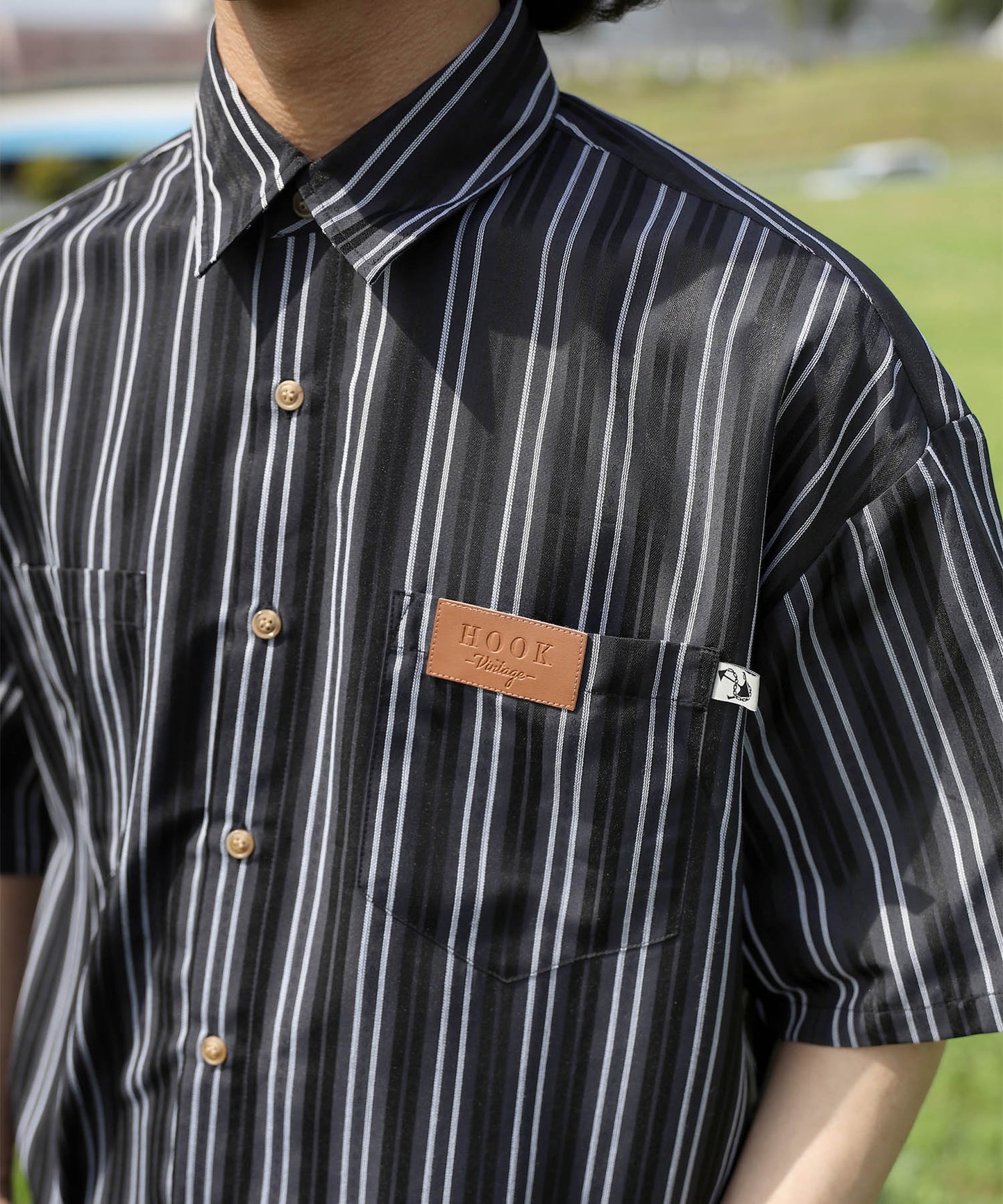 HOOK -original- 古着風ストライプ総柄半袖ビッグシャツ
