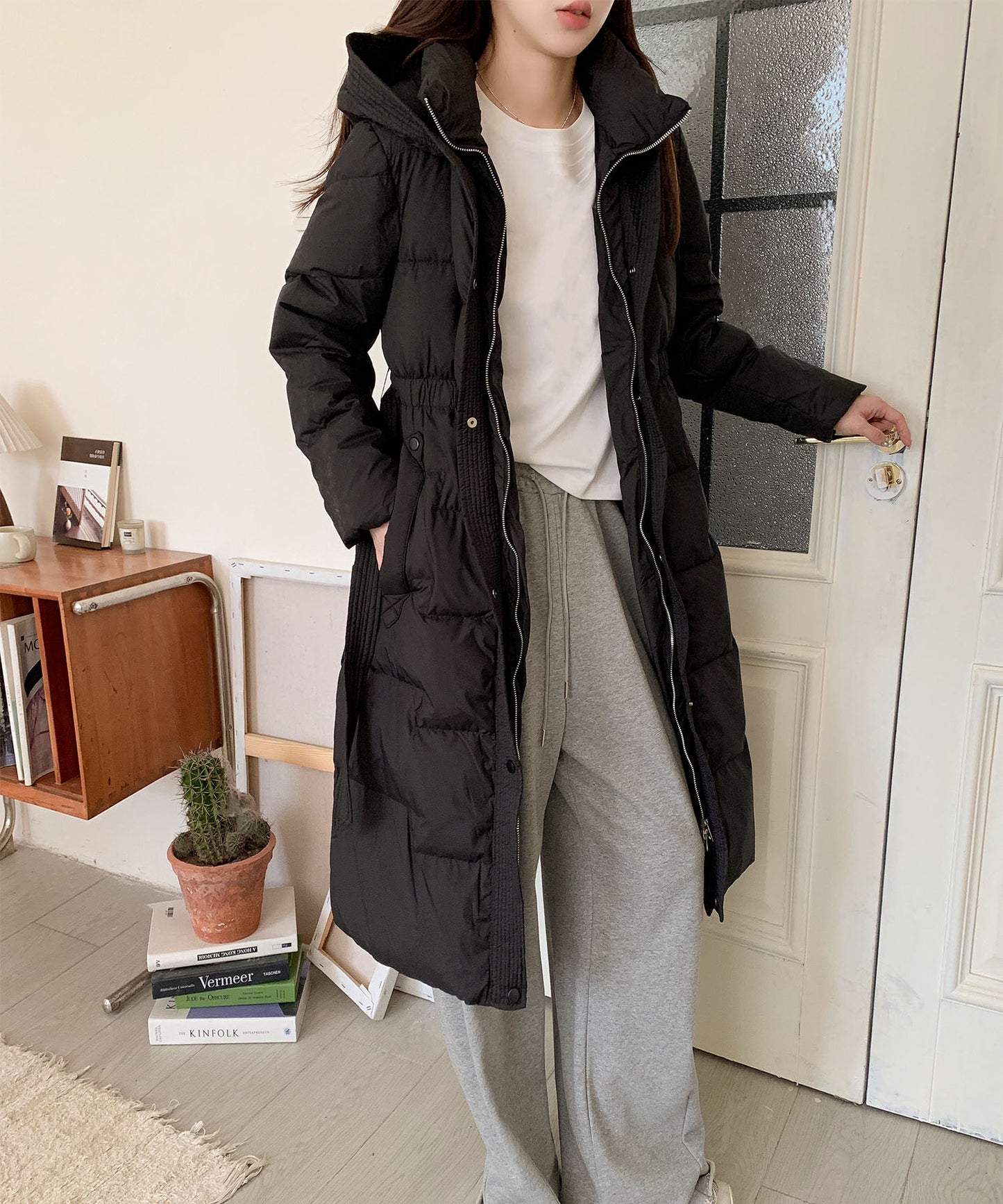 ウエストリボン付きロングダウンコート