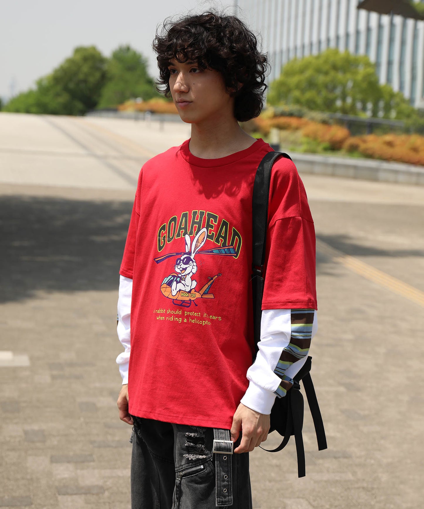 HOOK -original- アメリカンカートゥーンうさぎプリント袖切り替えTEE