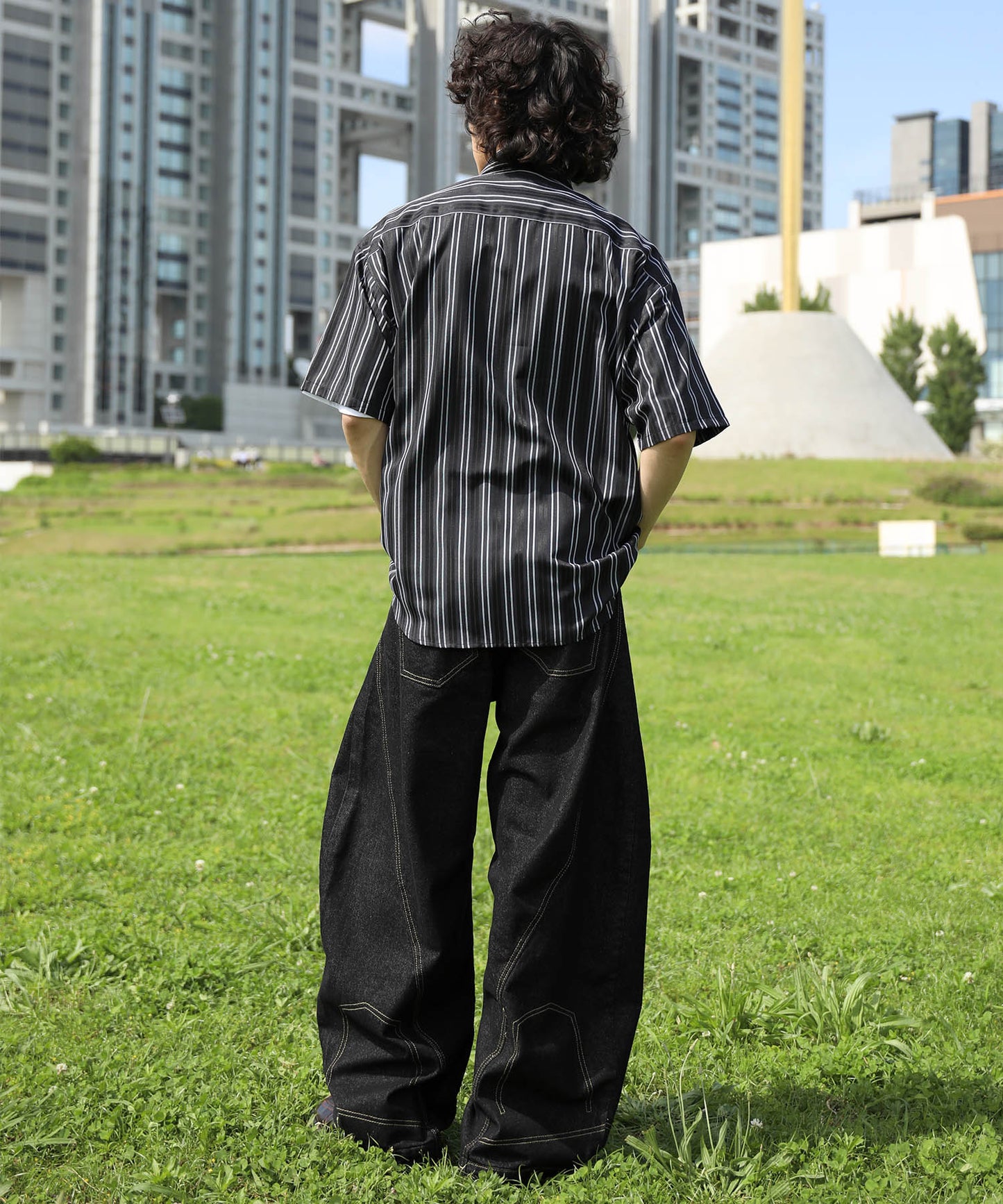 HOOK -original- 古着風ストライプ総柄半袖ビッグシャツ