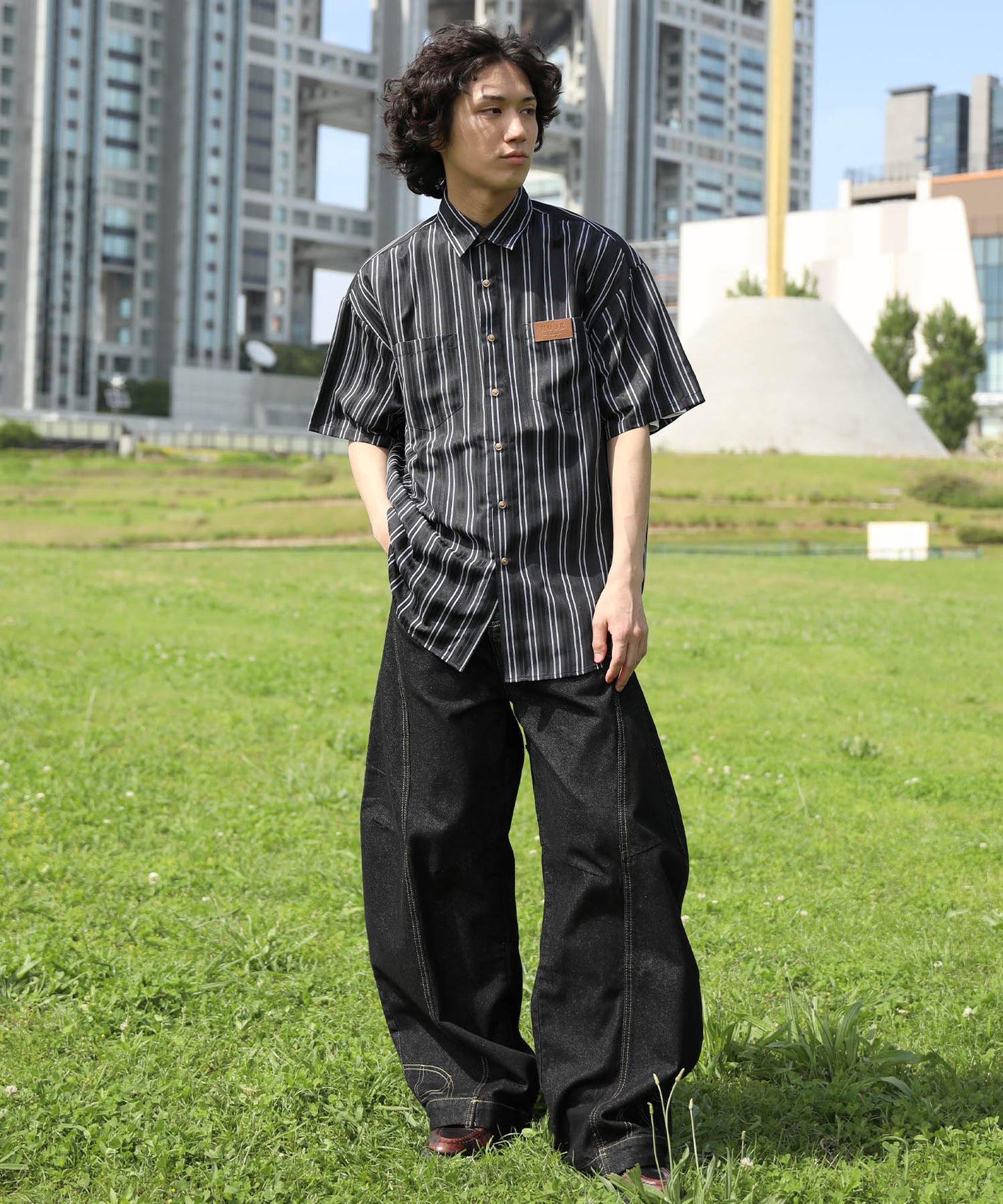 HOOK -original- 古着風ストライプ総柄半袖ビッグシャツ