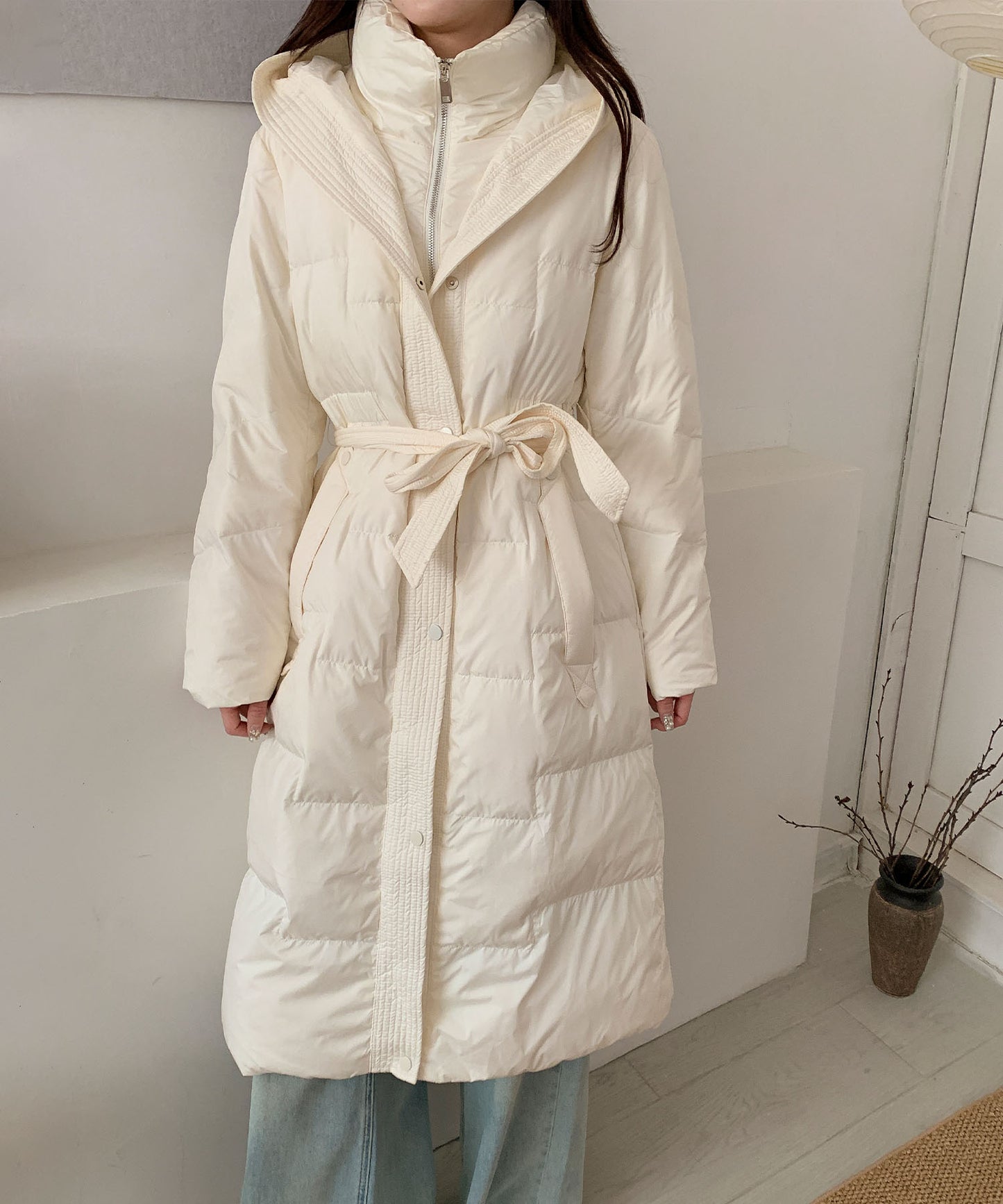 ウエストリボン付きロングダウンコート